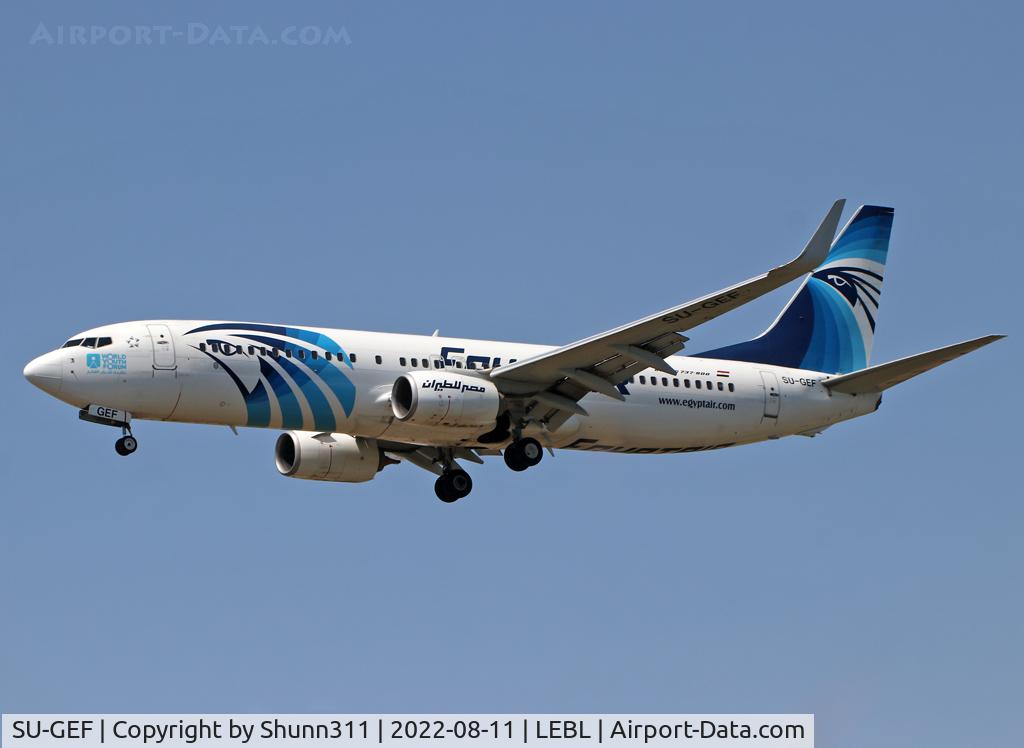 SU-GEF, 2016 Boeing 737-800 C/N 63692, LAnding rwy 24R with additional 'World Youth Forum' titles