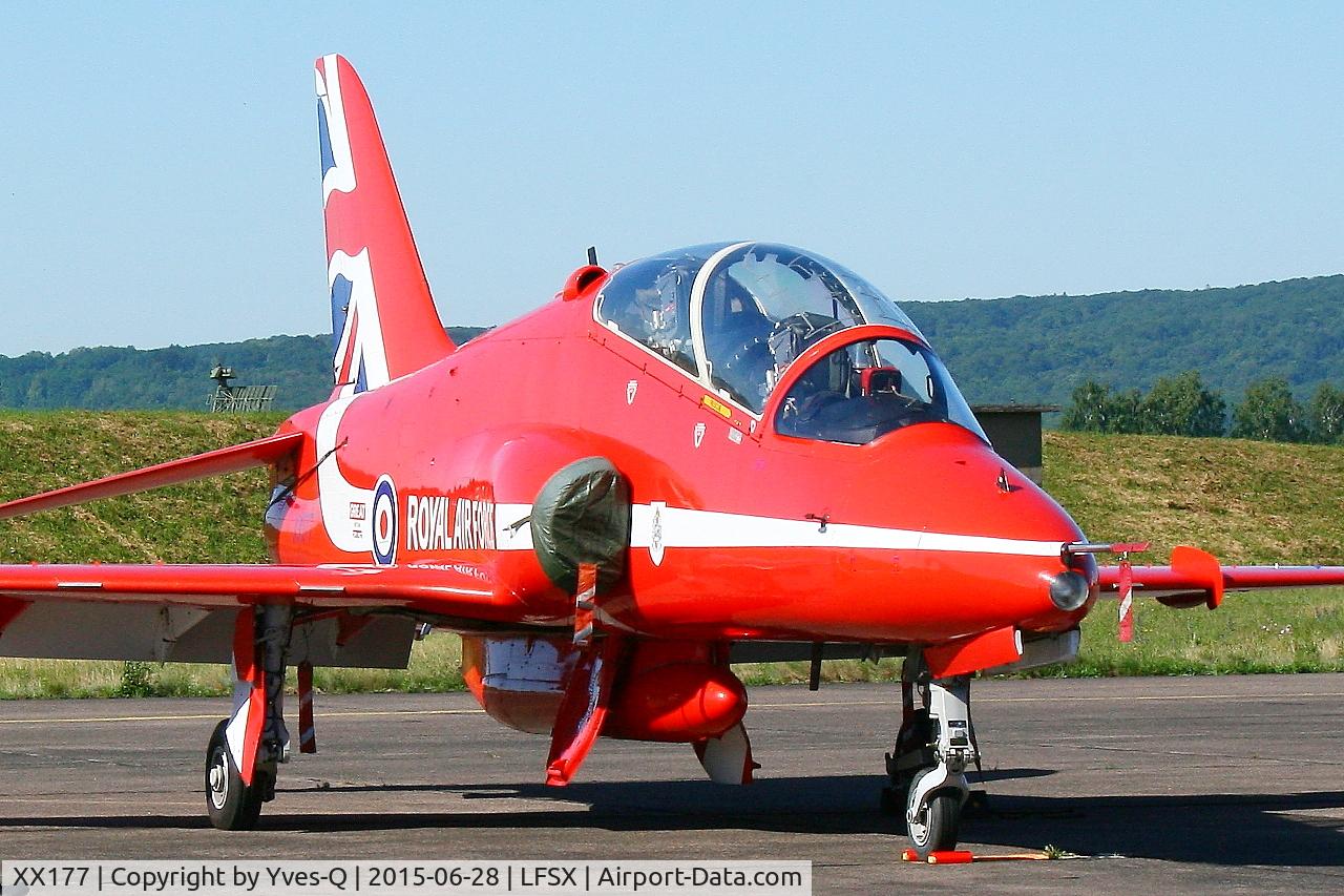 XX177, 1977 Hawker Siddeley Hawk T.1 C/N 024/312024, Red Arrows Hawker Siddeley Hawk T.1A, Flight line, Luxeuil-Saint Sauveur Air Base 116 (LFSX)