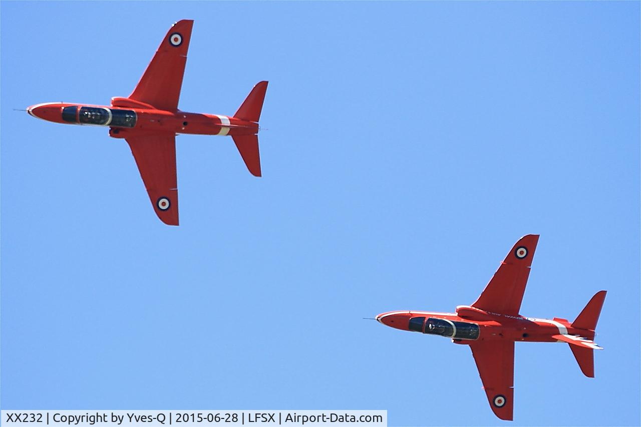 XX232, 1978 Hawker Siddeley Hawk T.1 C/N 068/312068, Red Arrows Hawker Siddeley Hawk T.1A, On display, Luxeuil-Saint Sauveur Air Base 116 (LFSX)