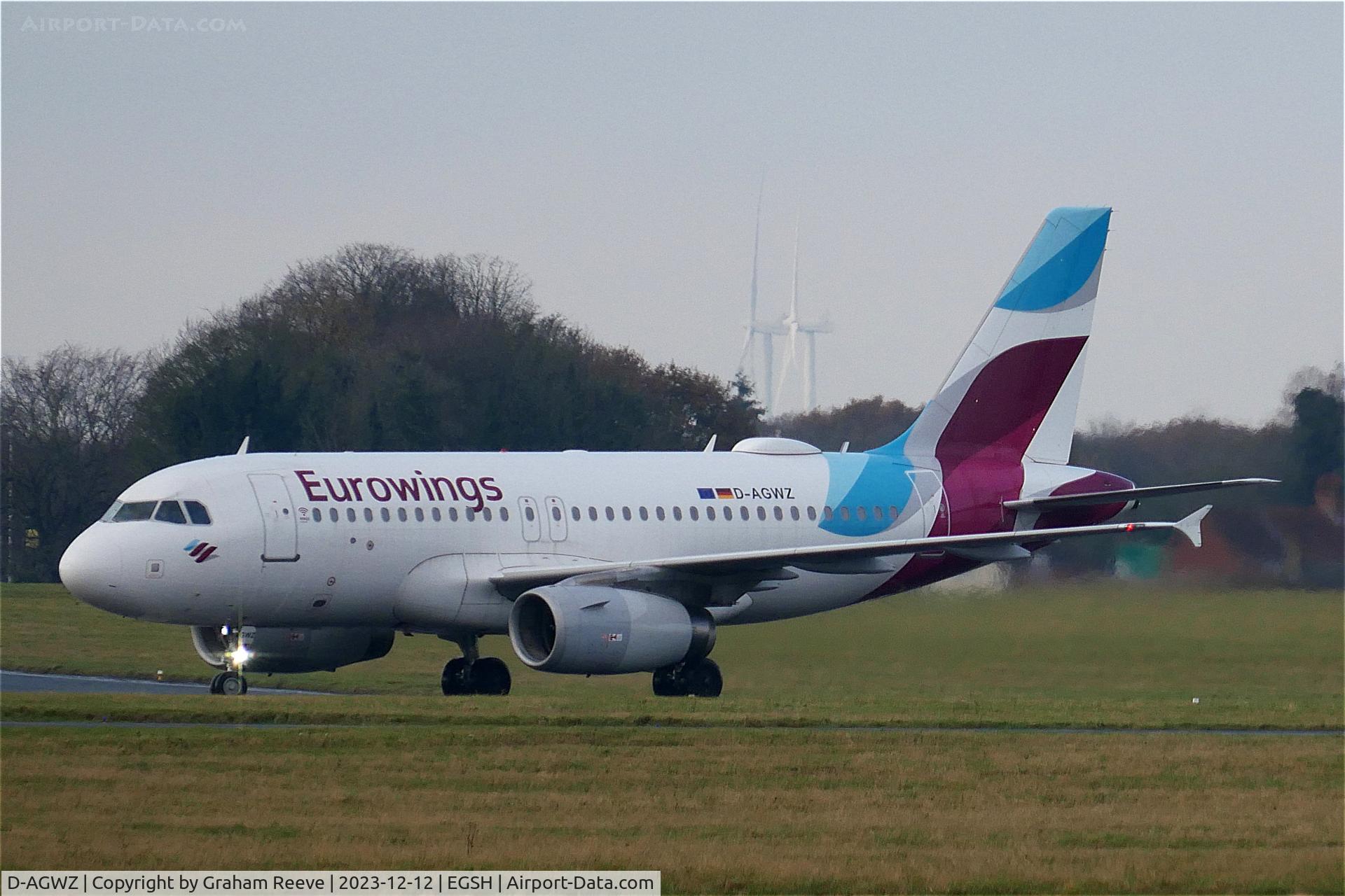 D-AGWZ, 2013 Airbus A319-132 C/N 5978, Just landed at Norwich.