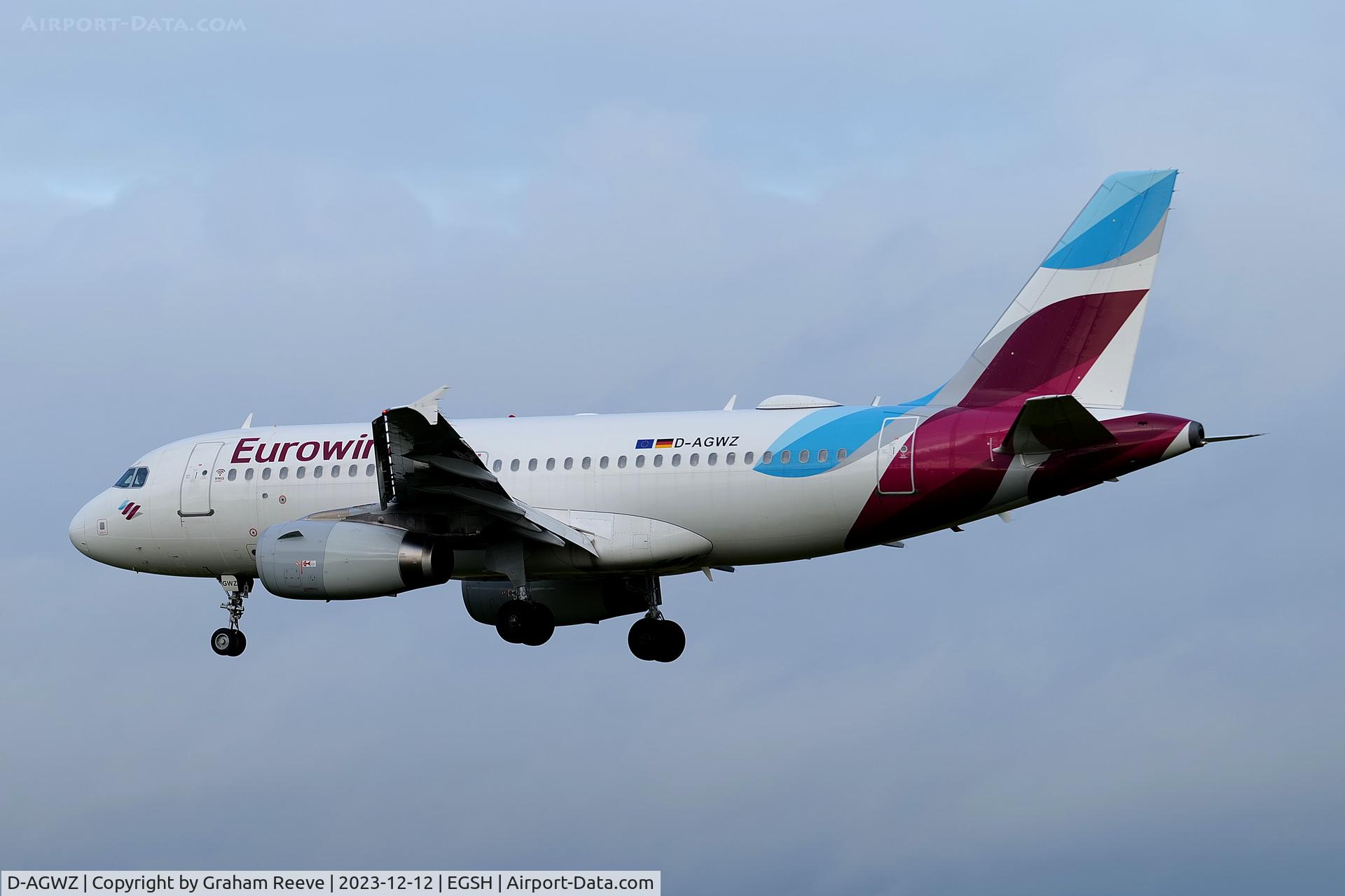 D-AGWZ, 2013 Airbus A319-132 C/N 5978, Landing at Norwich.