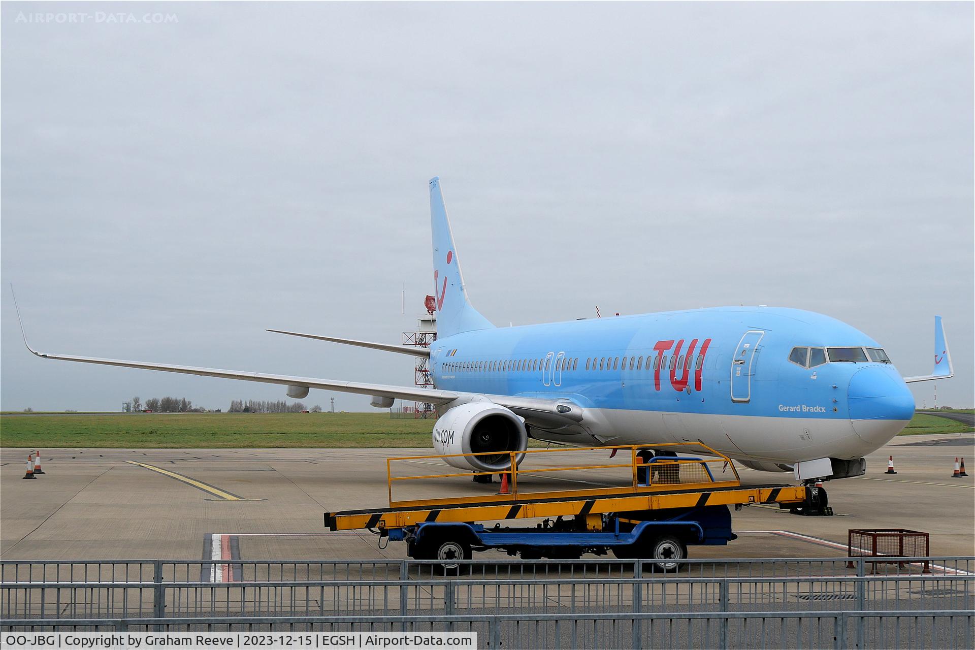 OO-JBG, 2008 Boeing 737-8K5 C/N 35142, On stand at Norwich.