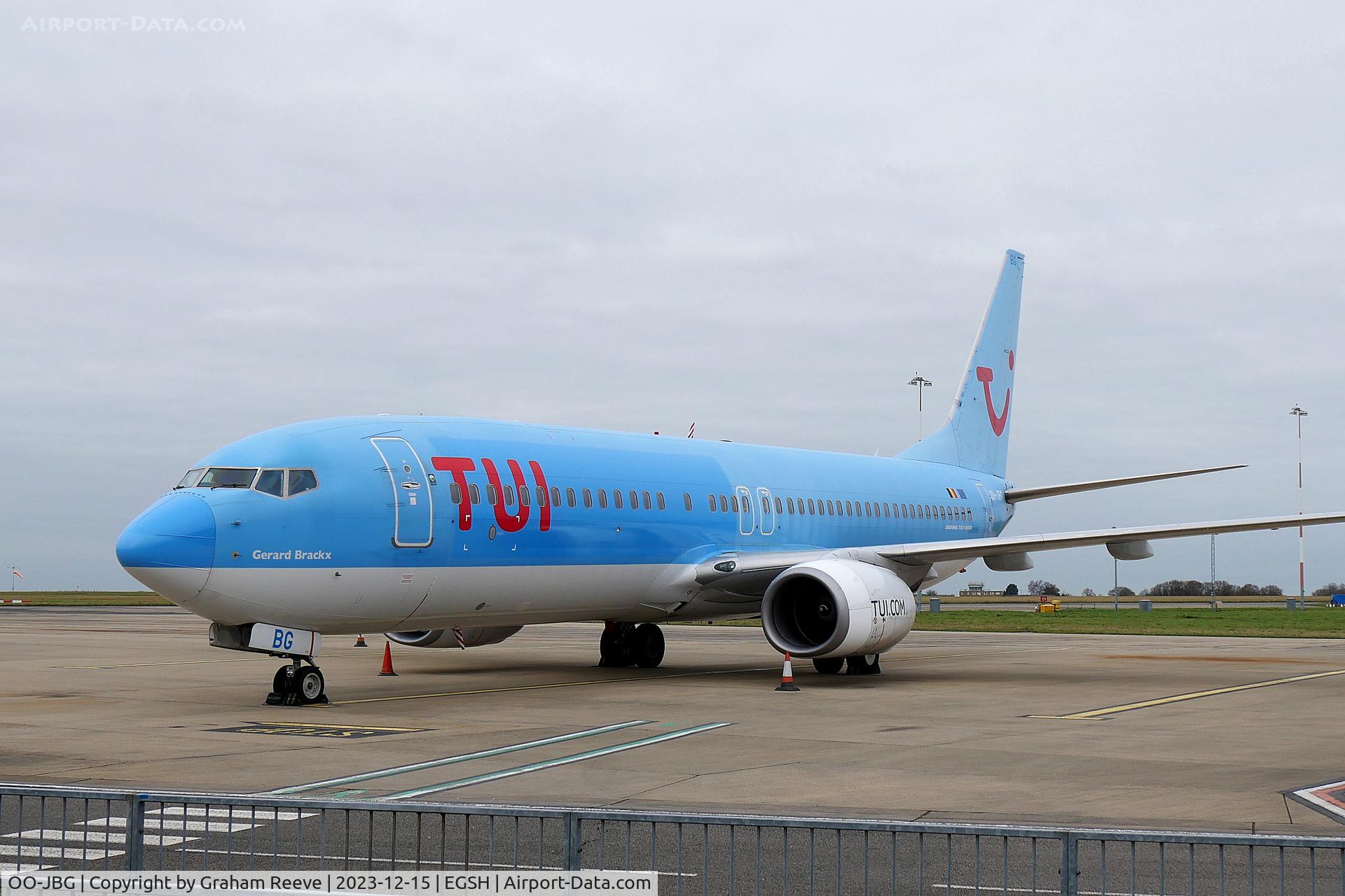 OO-JBG, 2008 Boeing 737-8K5 C/N 35142, On stand at Norwich.