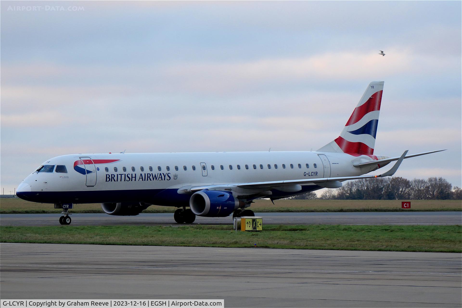 G-LCYR, 2012 Embraer 190SR (ERJ-190-100SR) C/N 19000563, Parked at Norwich on stand seven.