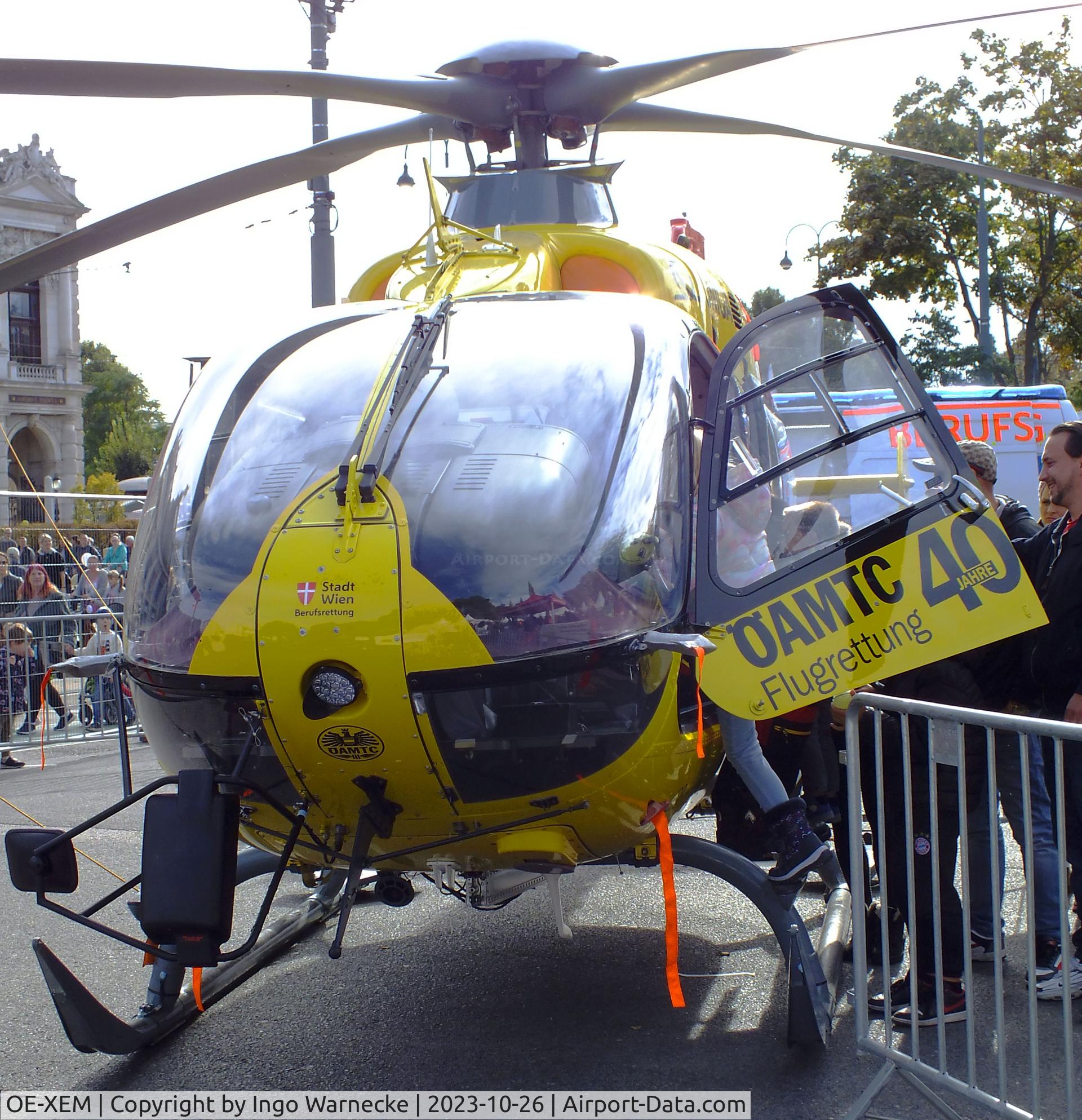 OE-XEM, 2001 Eurocopter EC-135T-2 C/N 0196, Eurocopter EC135T-2 'Christophorus 9' EMS helicopter of the ÖAMTC Flugrettung at the Austrian National Day celebrations in Vienna (Nationalfeiertag 2023, Wien Sicherheitsfest) in front of the old town hall