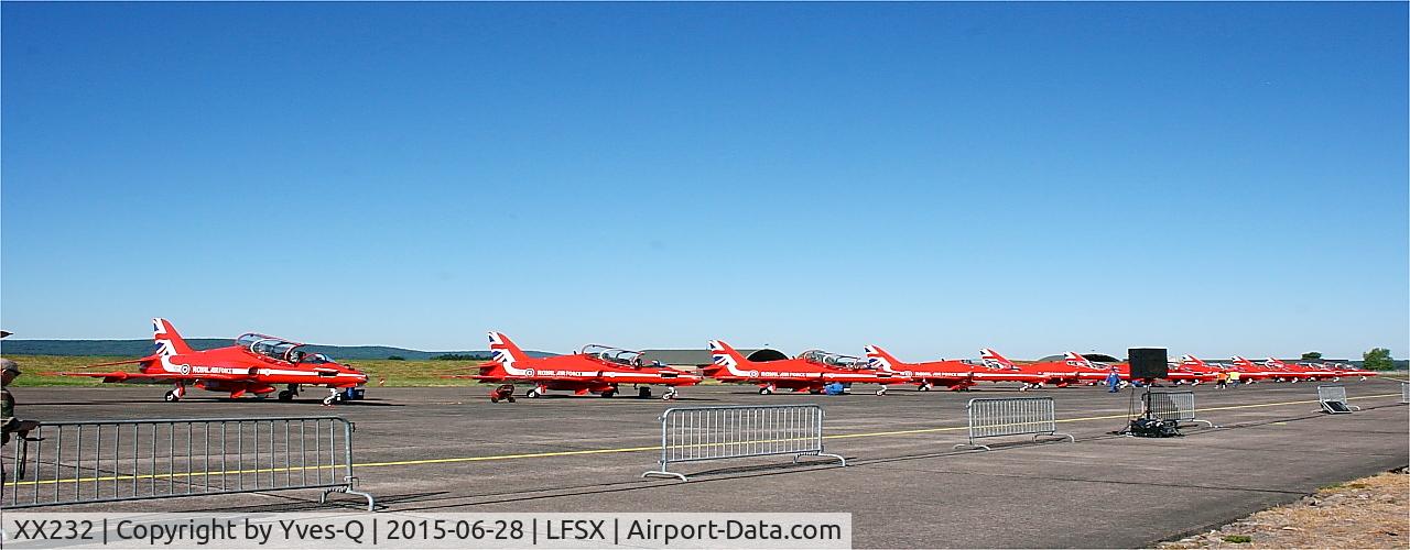 XX232, 1978 Hawker Siddeley Hawk T.1 C/N 068/312068, Red Arrows Hawker Siddeley Hawk T.1A, Flight line, Luxeuil-Saint Sauveur Air Base 116 (LFSX)