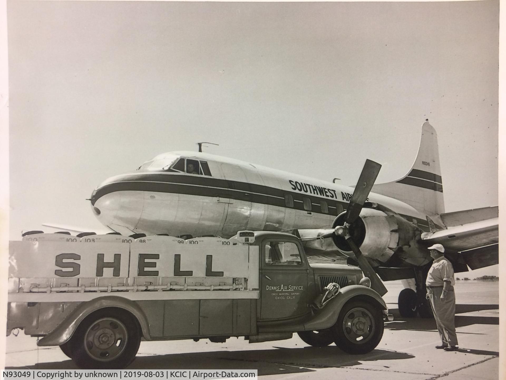 N93049, 1946 Martin 202 C/N 9132, Picture of N93049 in Chico California. Date unknown. Portly gentleman in picture is Herb Dennis, owner of Dennis Air service the FBO in Chico at the time. Picture courtesy of the Chico Air Museum.