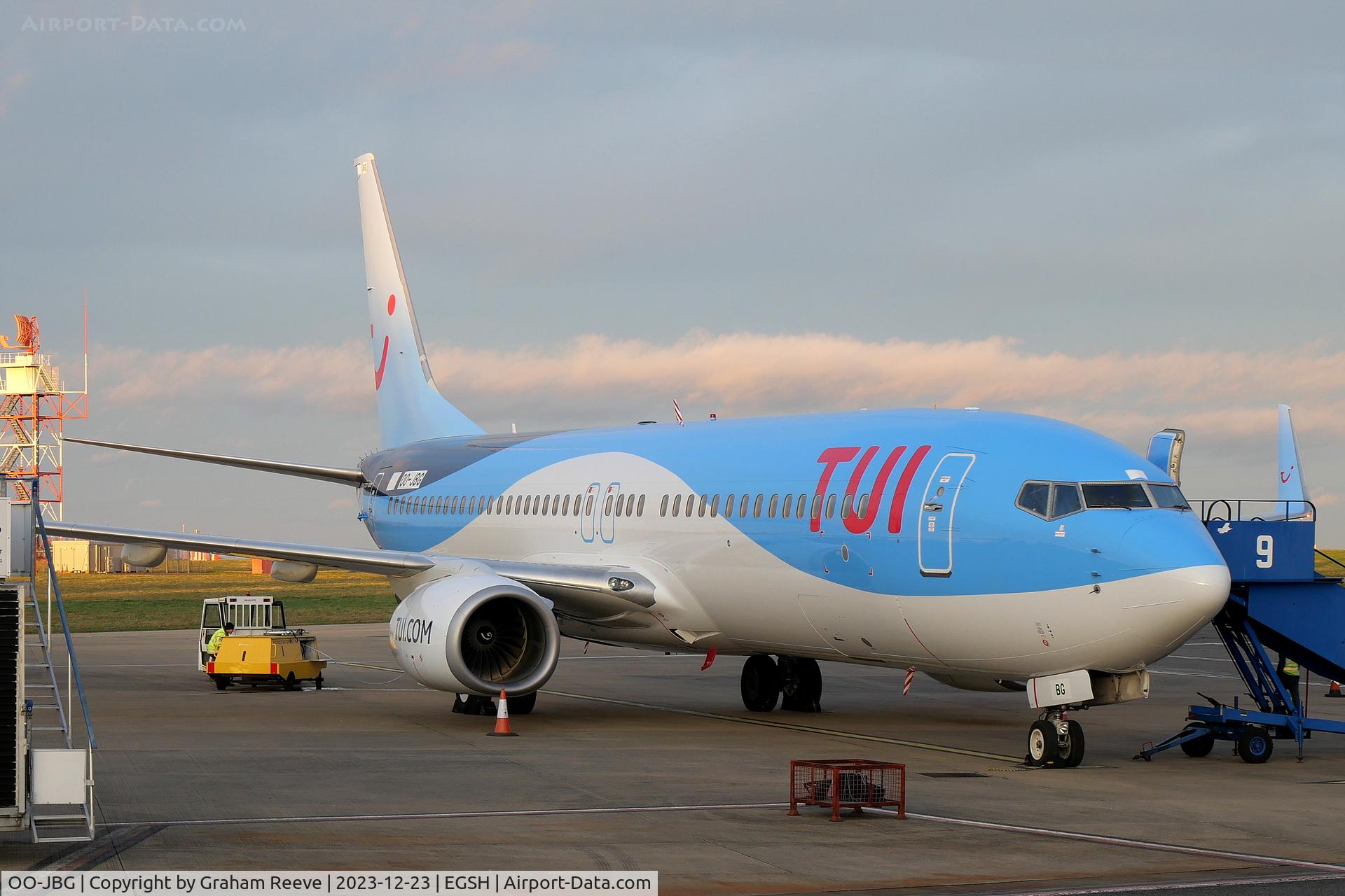 OO-JBG, 2008 Boeing 737-8K5 C/N 35142, On stand at Norwich.