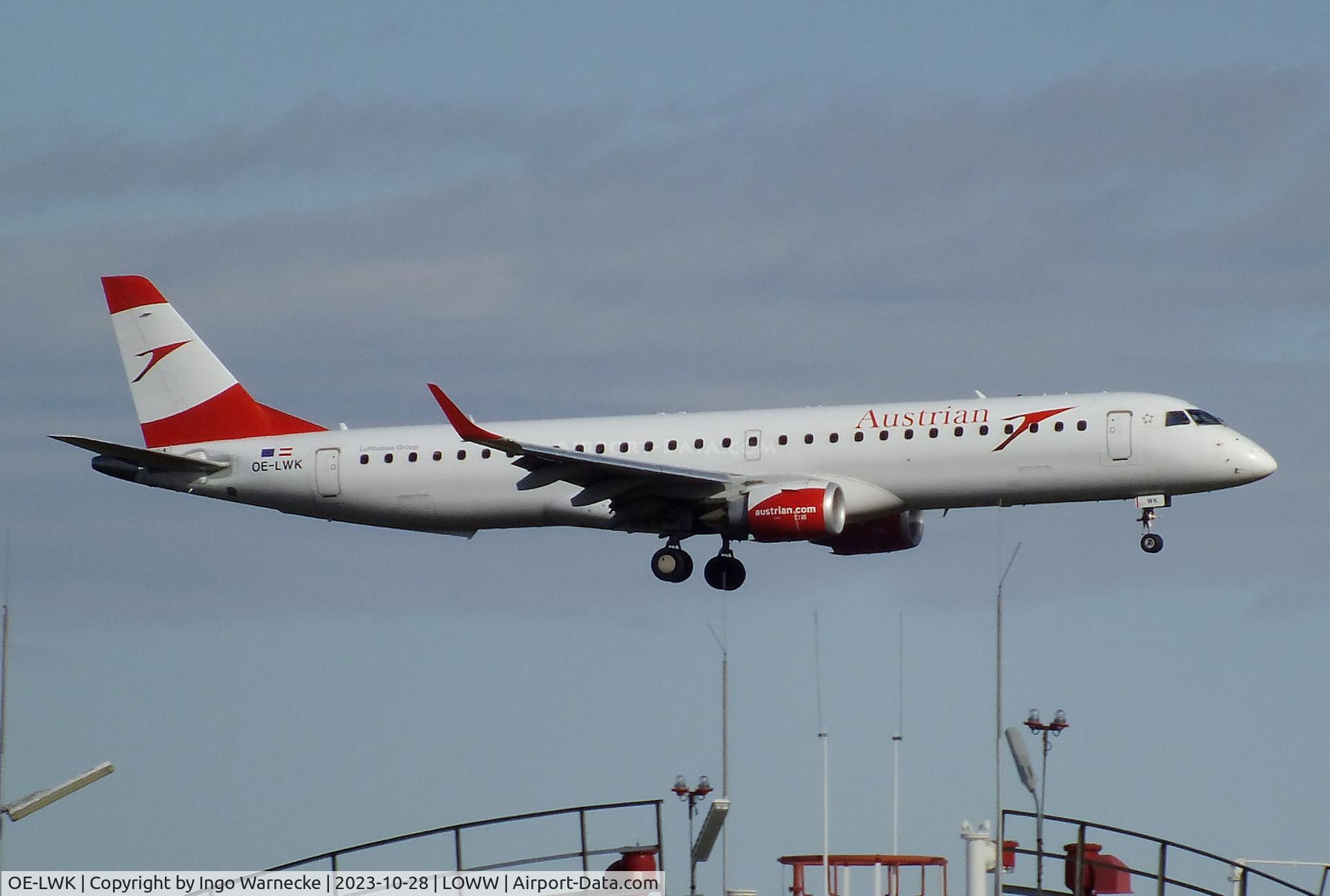 OE-LWK, 2012 Embraer 195LR  (ERJ-190-200LR) C/N 19000523, EMBRAER 195LR (ERJ-190-200LR) of Austrian Airlines at Wien-Schwechat airport