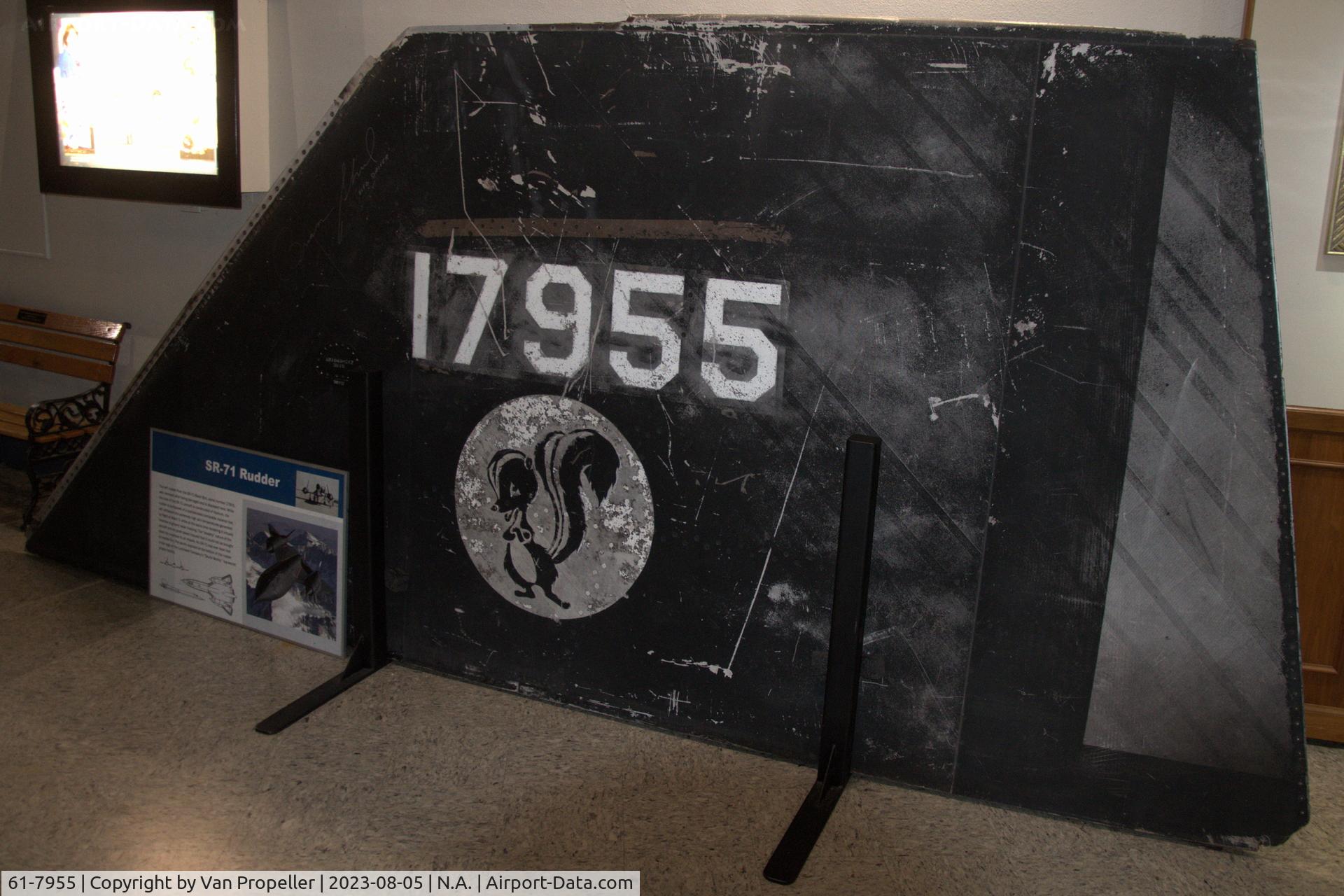 61-7955, 1961 Lockheed SR-71A Blackbird C/N 2006, SR-71A rudder displayed at San Diego Air & Space Museum showing the tail number and Skunk Works logo