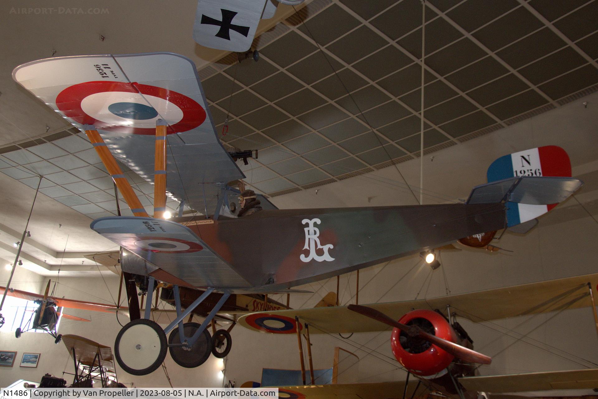 N1486, Nieuport 11 Replica C/N 102, Nieuport 11 Bébé replica hanging in San Diego Air & Space Museum