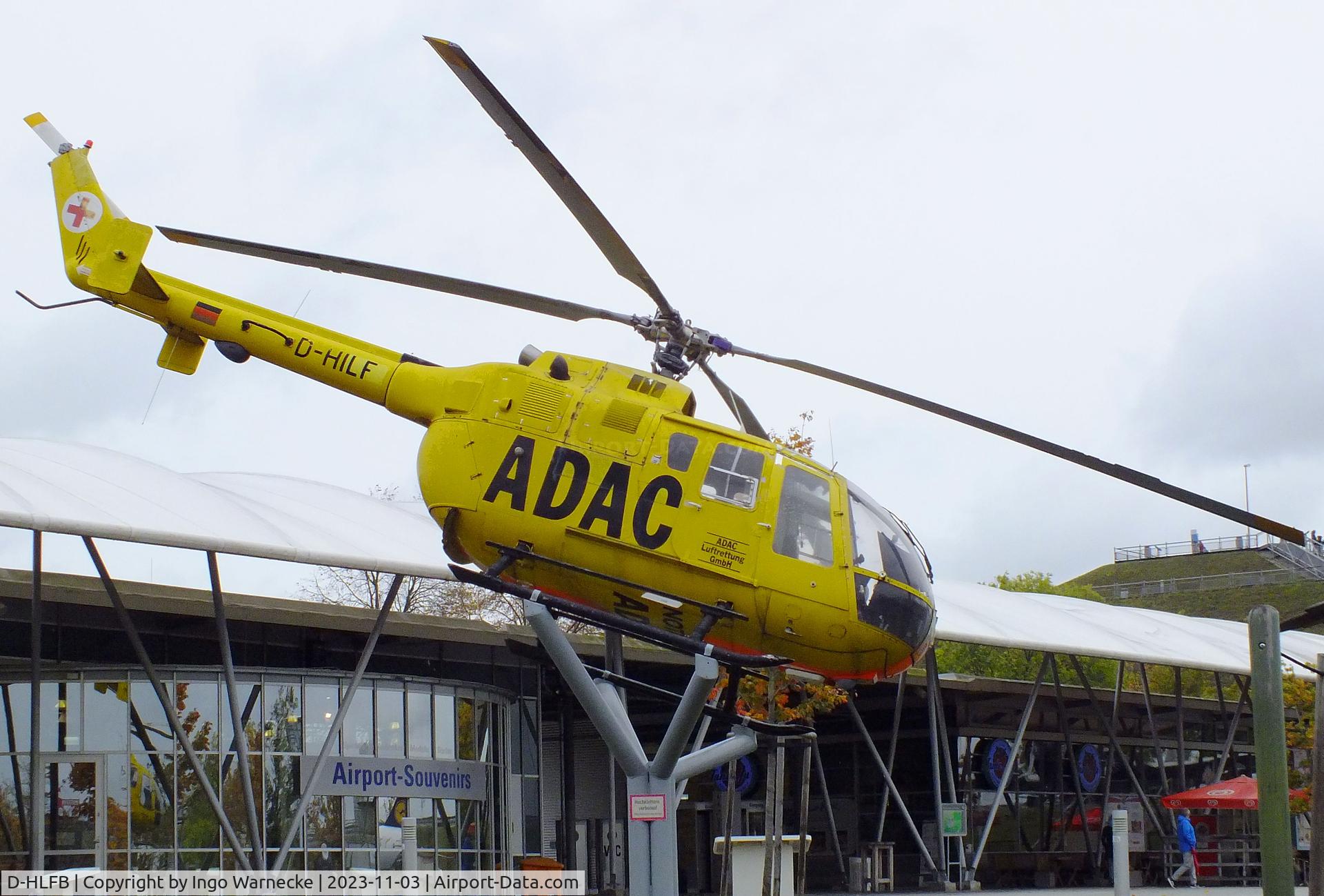 D-HLFB, MBB Bo-105S C/N S-868, MBB Bo 105S, displayed to represent 'D-HILF', the first Bo 105 EMS helicopter of the ADAC, at the visitors park of Munich international airport (Besucherpark). The real D-HILF is exhibited at the Flugwerft Schleißheim of the Deutsches Museum