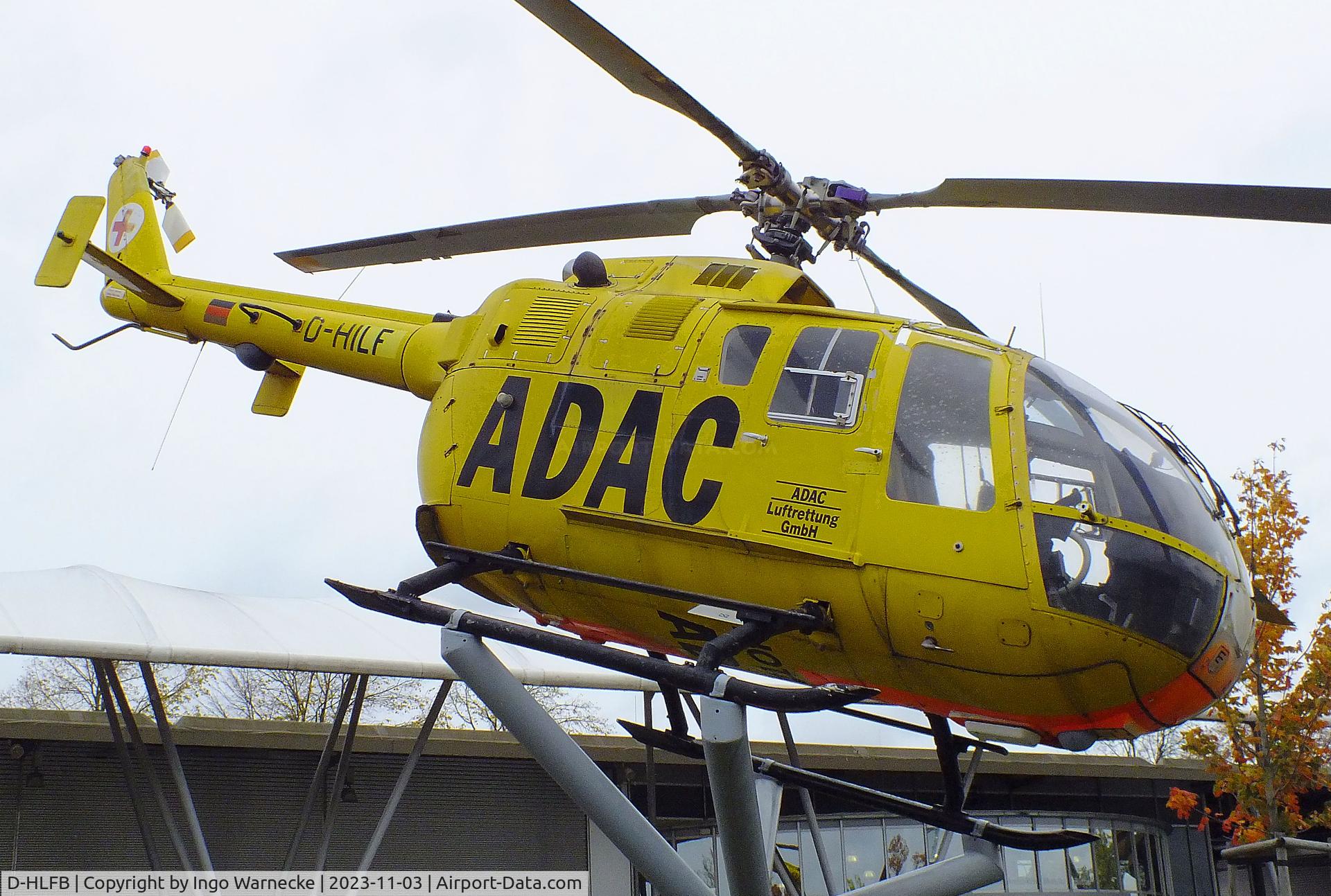 D-HLFB, MBB Bo-105S C/N S-868, MBB Bo 105S, displayed to represent 'D-HILF', the first Bo 105 EMS helicopter of the ADAC, at the visitors park of Munich international airport (Besucherpark). The real D-HILF is exhibited at the Flugwerft Schleißheim of the Deutsches Museum
