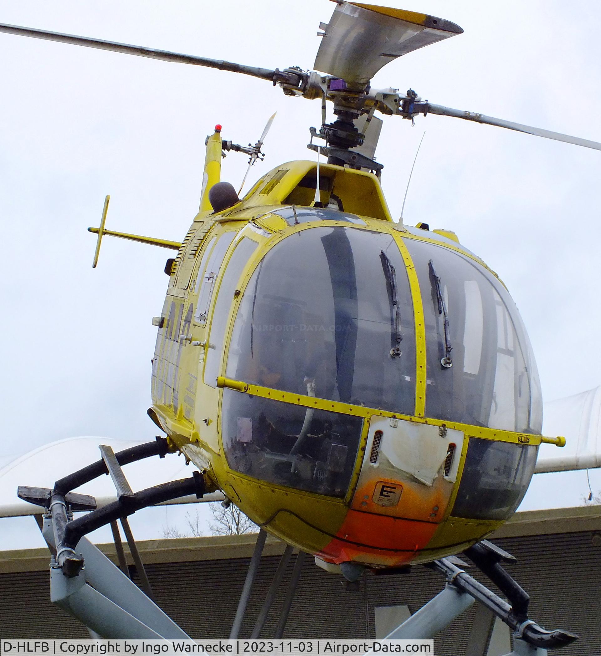 D-HLFB, MBB Bo-105S C/N S-868, MBB Bo 105S, displayed to represent 'D-HILF', the first Bo 105 EMS helicopter of the ADAC, at the visitors park of Munich international airport (Besucherpark). The real D-HILF is exhibited at the Flugwerft Schleißheim of the Deutsches Museum