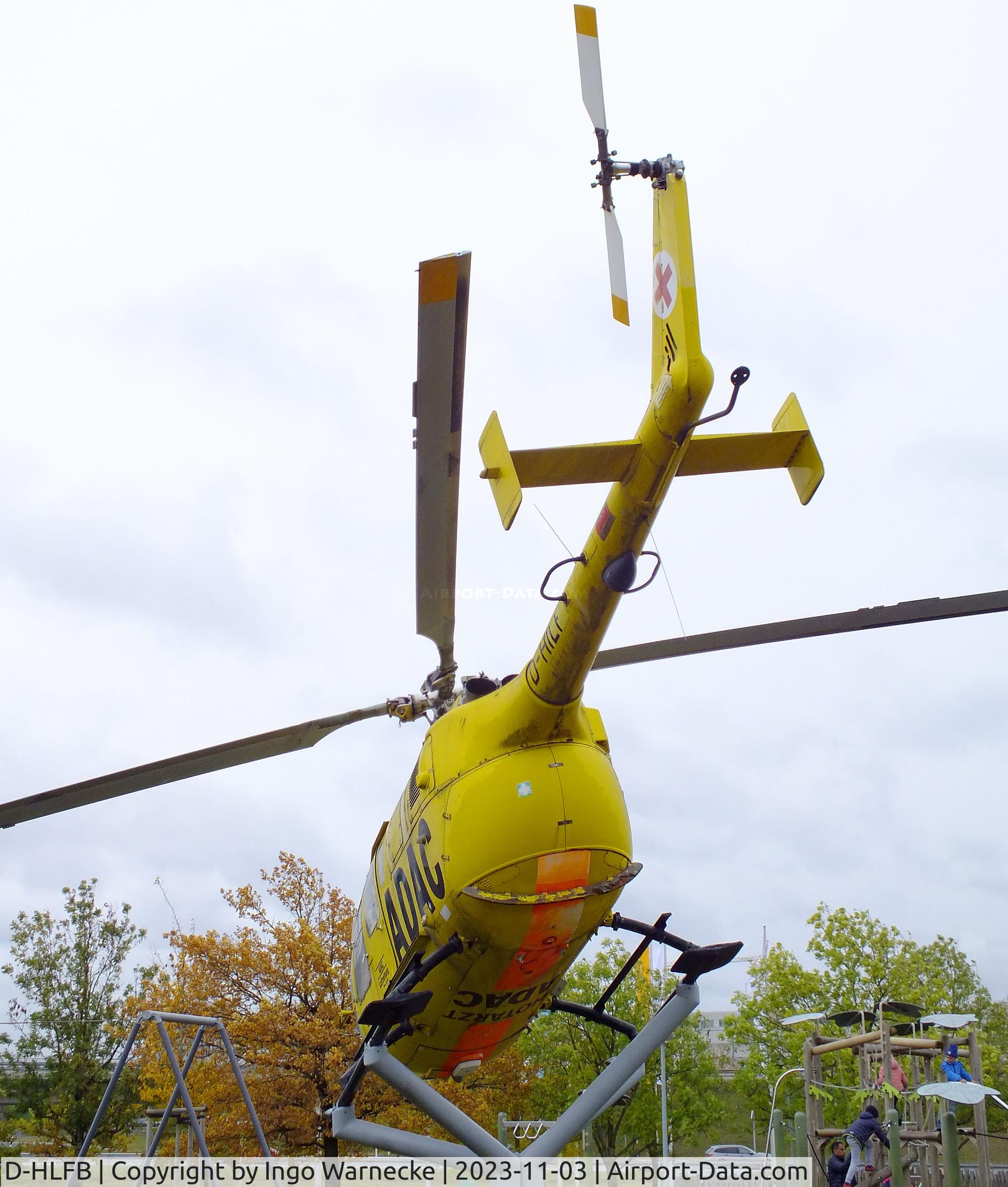 D-HLFB, MBB Bo-105S C/N S-868, MBB Bo 105S, displayed to represent 'D-HILF', the first Bo 105 EMS helicopter of the ADAC, at the visitors park of Munich international airport (Besucherpark). The real D-HILF is exhibited at the Flugwerft Schleißheim of the Deutsches Museum