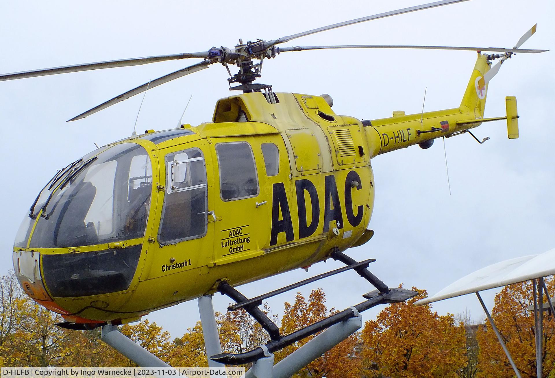 D-HLFB, MBB Bo-105S C/N S-868, MBB Bo 105S, displayed to represent 'D-HILF', the first Bo 105 EMS helicopter of the ADAC, at the visitors park of Munich international airport (Besucherpark). The real D-HILF is exhibited at the Flugwerft Schleißheim of the Deutsches Museum