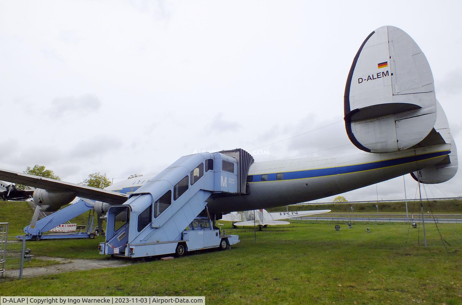 D-ALAP, 1957 Lockheed L-1049G Super Constellation C/N 4671, Lockheed L-1049G Super Constellation, displayed to represent 'D-ALEM', the plane that made the first intercontinental flight of the new Lufthansa in 1955, at the visitors park of Munich international airport (Besucherpark)