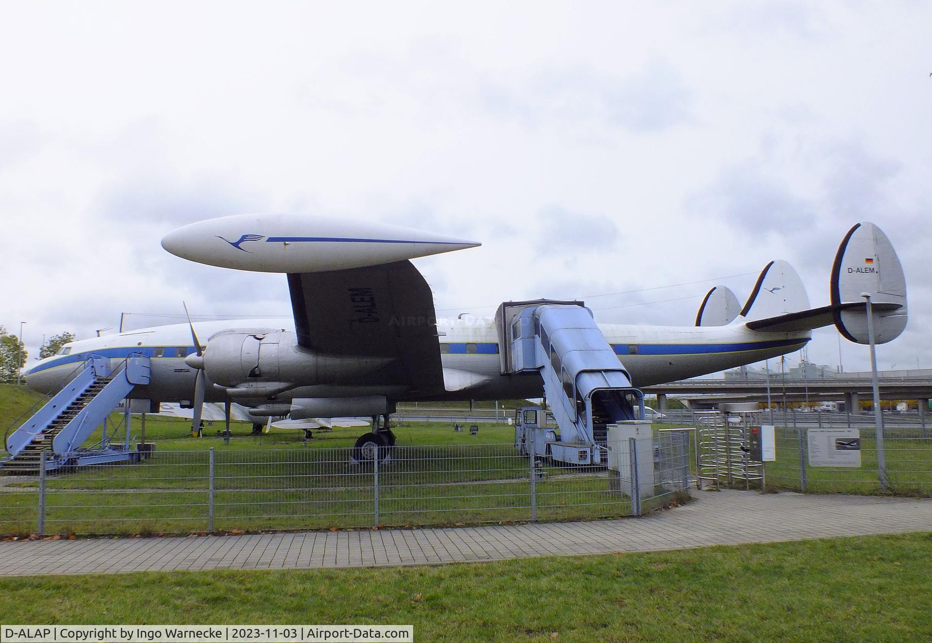 D-ALAP, 1957 Lockheed L-1049G Super Constellation C/N 4671, Lockheed L-1049G Super Constellation, displayed to represent 'D-ALEM', the plane that made the first intercontinental flight of the new Lufthansa in 1955, at the visitors park of Munich international airport (Besucherpark)