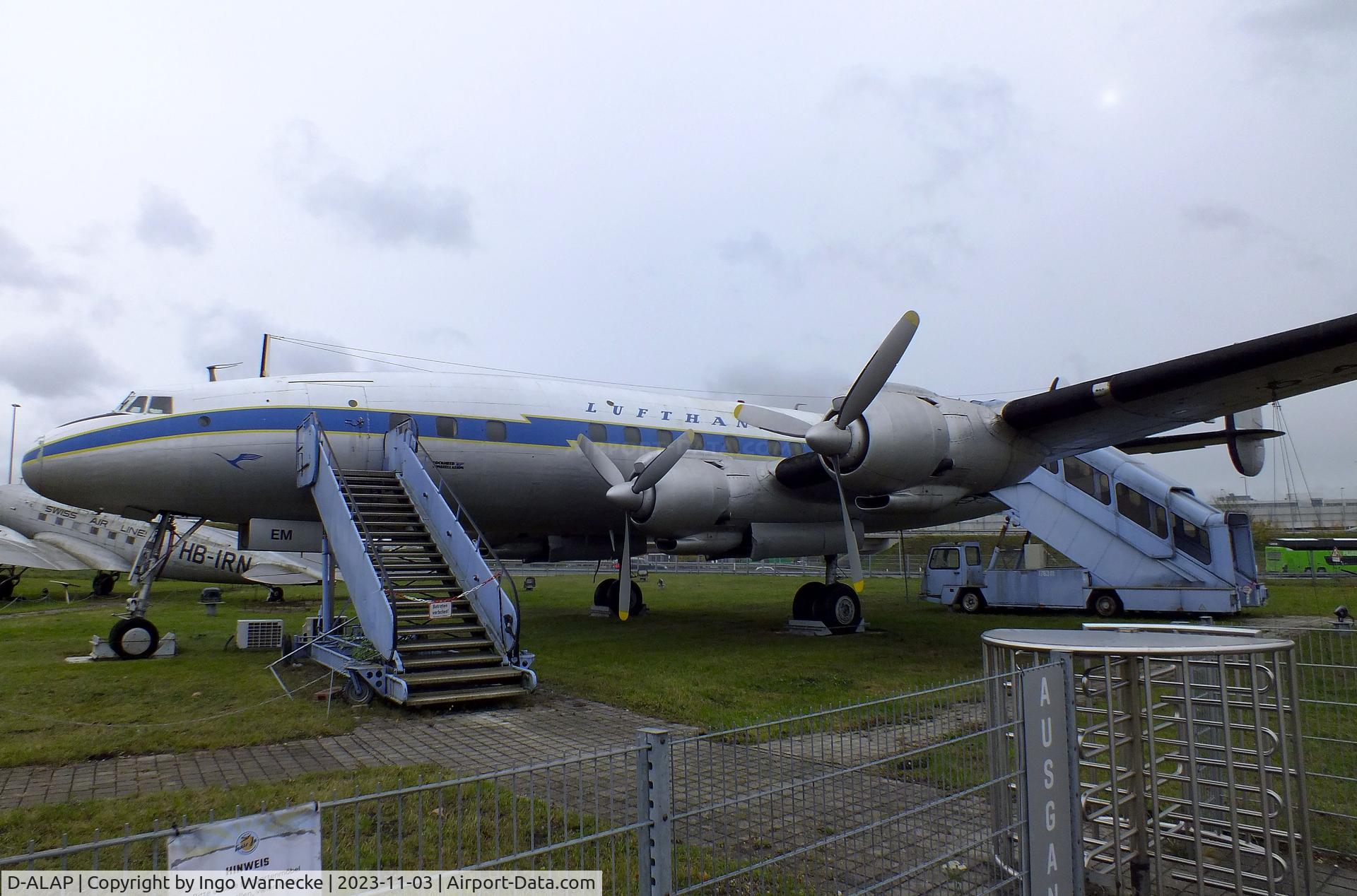 D-ALAP, 1957 Lockheed L-1049G Super Constellation C/N 4671, Lockheed L-1049G Super Constellation, displayed to represent 'D-ALEM', the plane that made the first intercontinental flight of the new Lufthansa in 1955, at the visitors park of Munich international airport (Besucherpark)