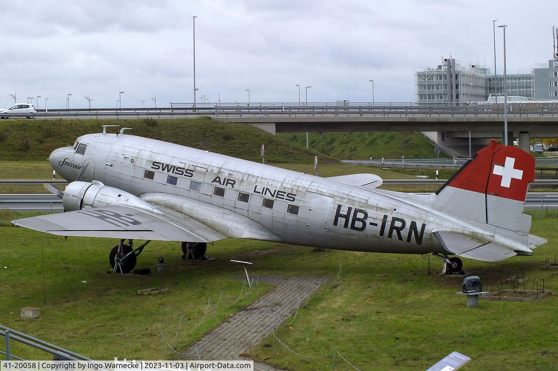 41-20058, 1941 Douglas C-53-DO C/N 4828, Douglas C-53-DO, displayed to represent 'HB-IRN' of Swissair at the visitors park of Munich international airport (Besucherpark). The real HB-IRN is preserved at the Verkehrshaus der Schweiz in Lucerne