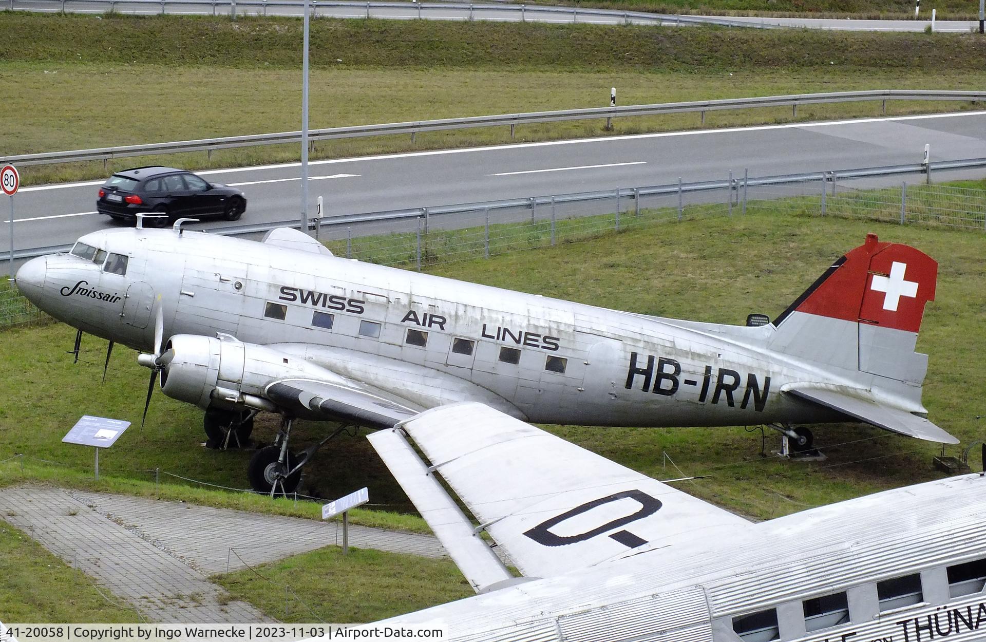 41-20058, 1941 Douglas C-53-DO C/N 4828, Douglas C-53-DO, displayed to represent 'HB-IRN' of Swissair at the visitors park of Munich international airport (Besucherpark). The real HB-IRN is preserved at the Verkehrshaus der Schweiz in Lucerne