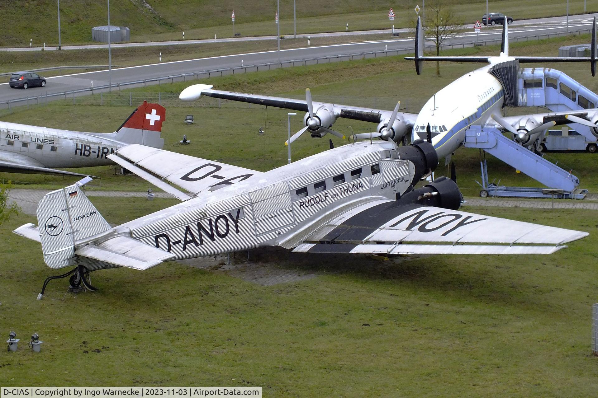 D-CIAS, Junkers (CASA) 352L (Ju-52) C/N 54, CASA 352L (Junkers Ju 52/3m), displayed to represent 'D-ANOY' a Junkers Ju 52/3m of Lufthansa that made the first flight from Berlin to China across the Pamir mountains in 1937, at the visitors park of Munich international airport (Besucherpark)
