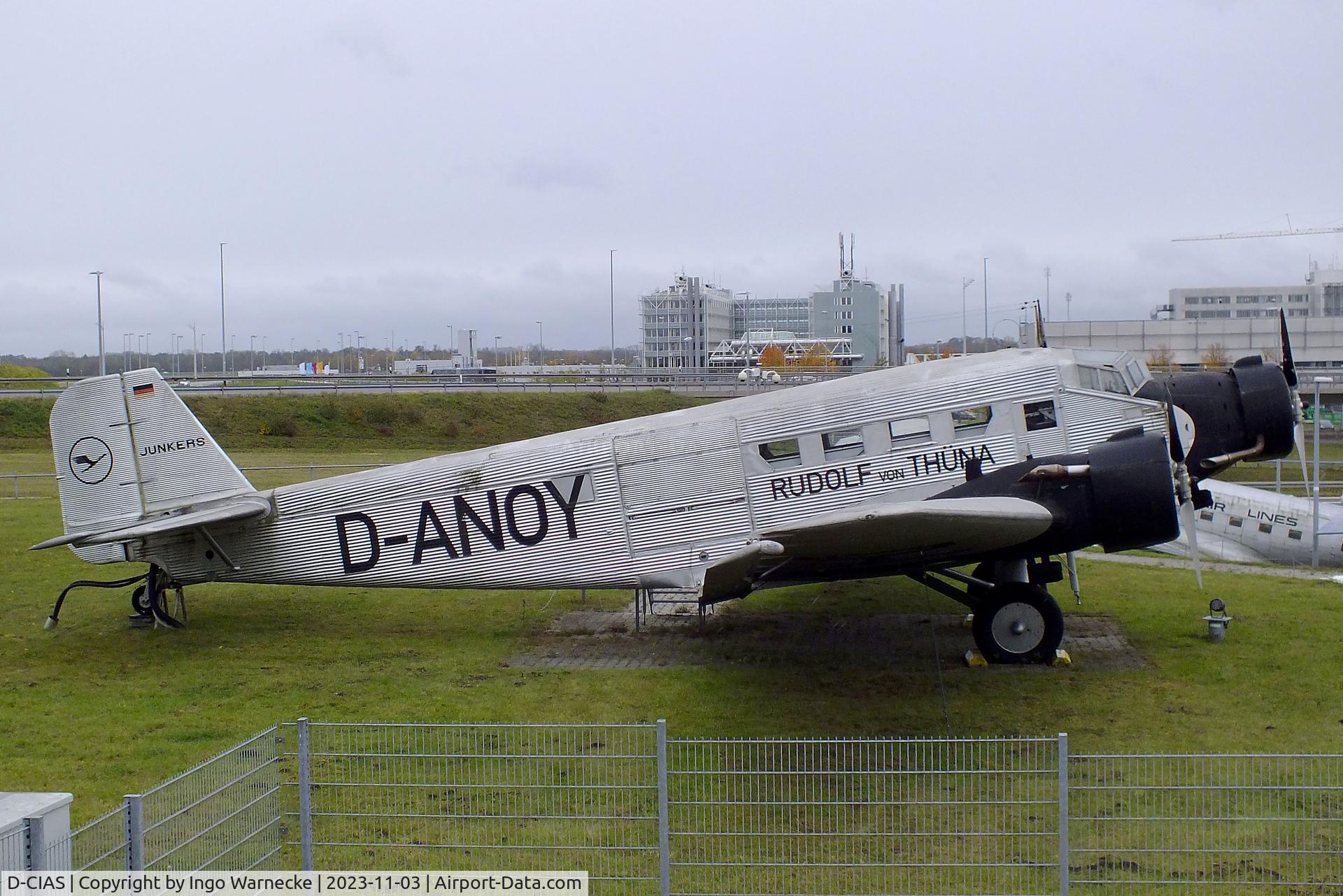 D-CIAS, Junkers (CASA) 352L (Ju-52) C/N 54, CASA 352L (Junkers Ju 52/3m), displayed to represent 'D-ANOY' a Junkers Ju 52/3m of Lufthansa that made the first flight from Berlin to China across the Pamir mountains in 1937, at the visitors park of Munich international airport (Besucherpark)