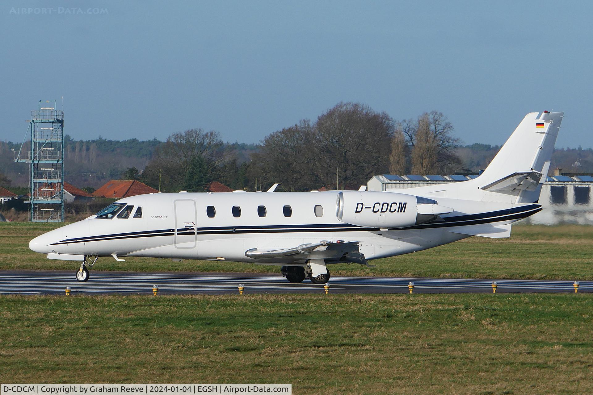 D-CDCM, 2012 Cessna 560 Citation XLS+ C/N 560-6109, Departing from Norwich.