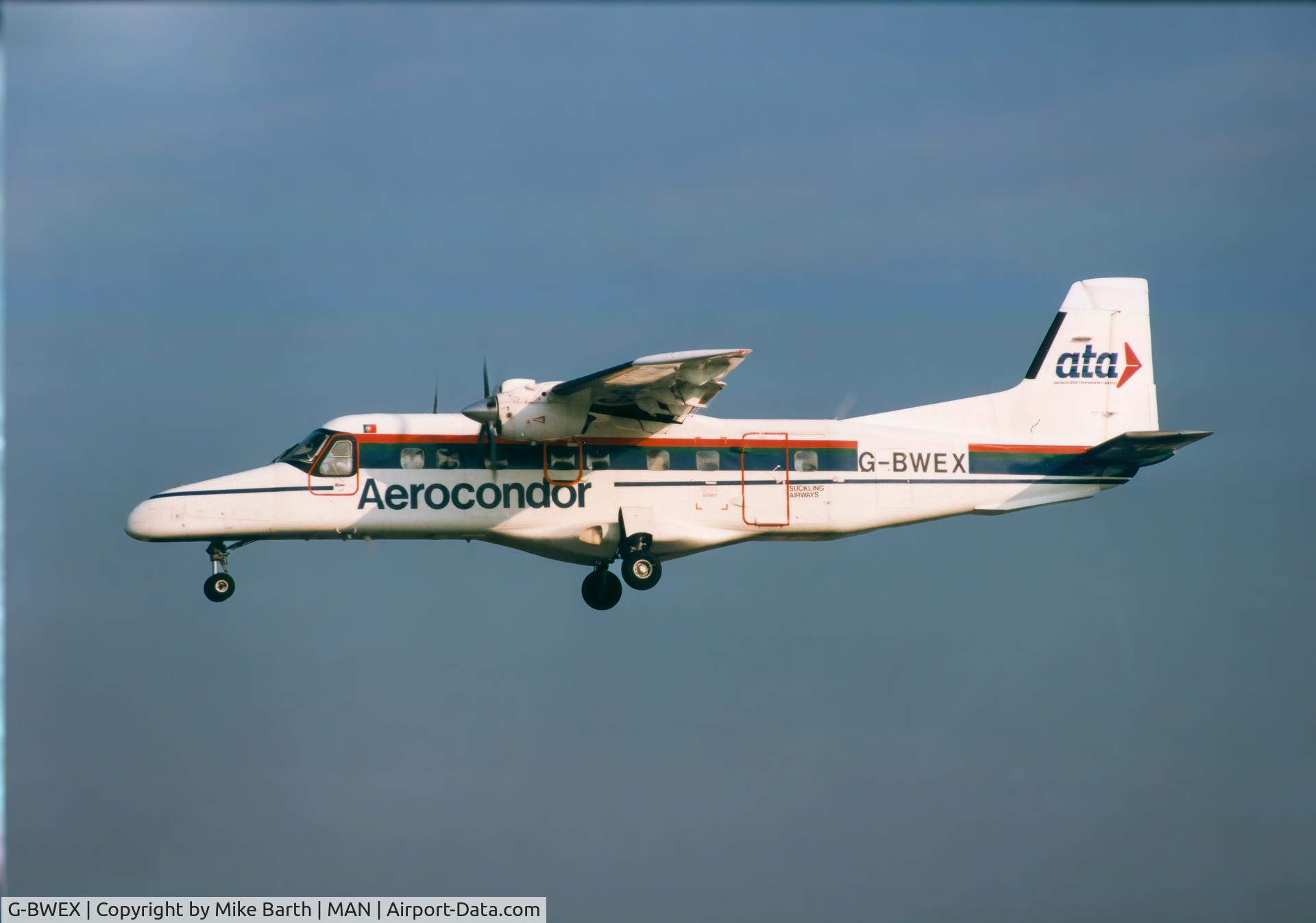 G-BWEX, 1986 Dornier 228-202 C/N 8085, Suckling Airways / Aerocondor G-BWEX, 1986 Dornier 228-202 C/N 8085
Landing Manchester Airport mid 1990's