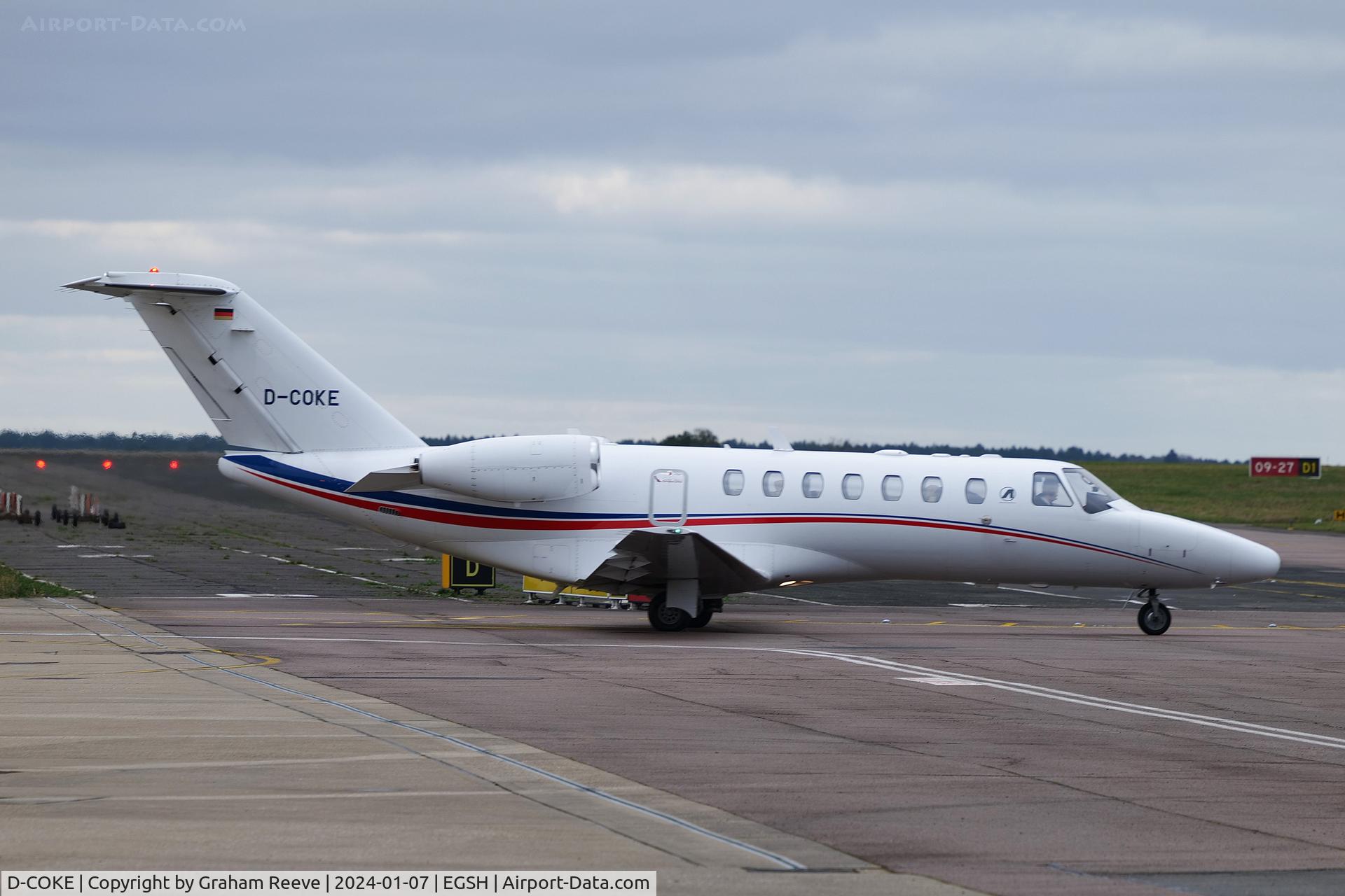 D-COKE, 2008 Cessna 525B CitationJet CJ3 C/N 525B-0219, Departing from Norwich.