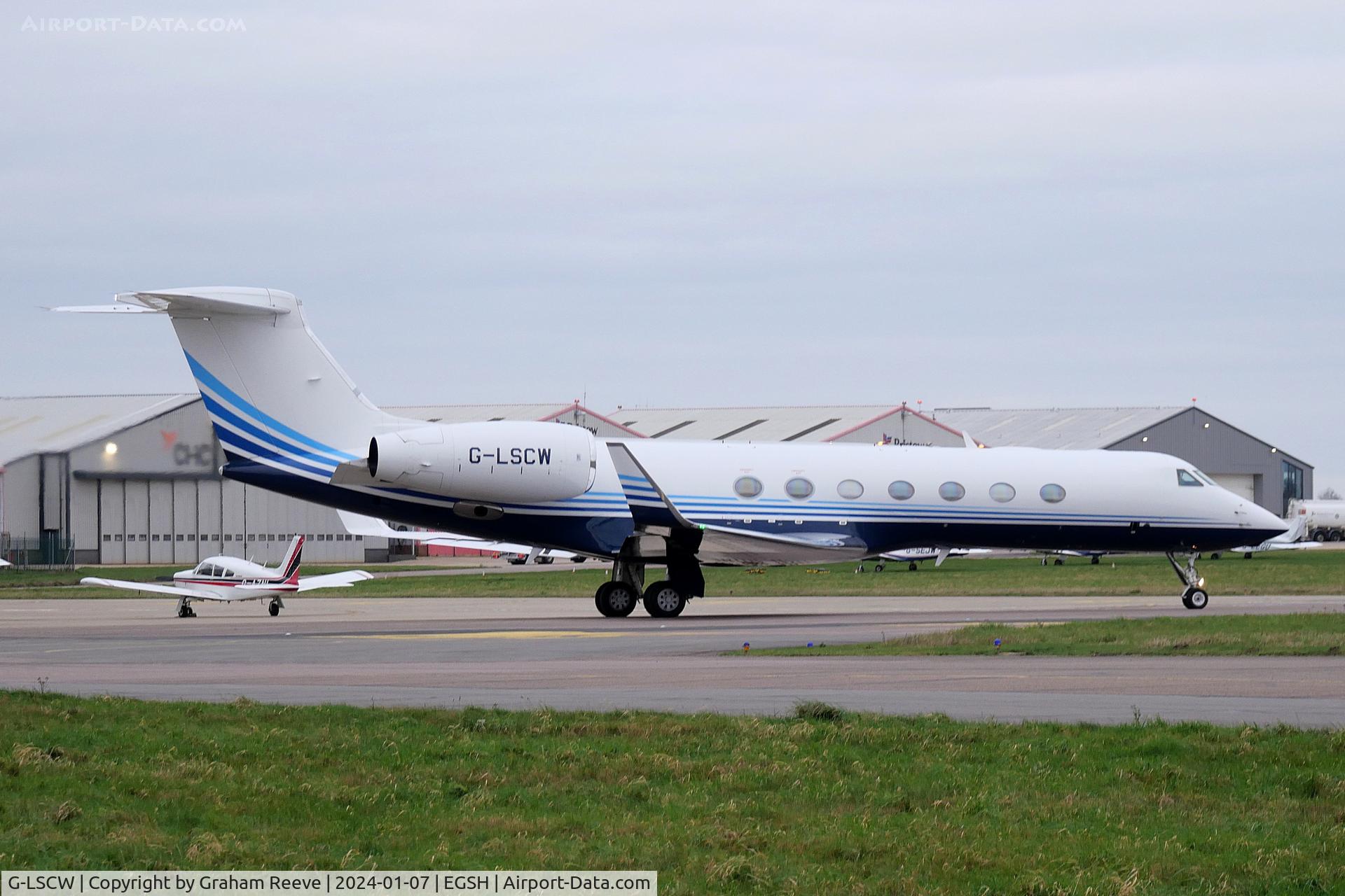 G-LSCW, 2014 Gulfstream Aerospace GV-SP (G550) C/N 5471, Departing from Norwich.