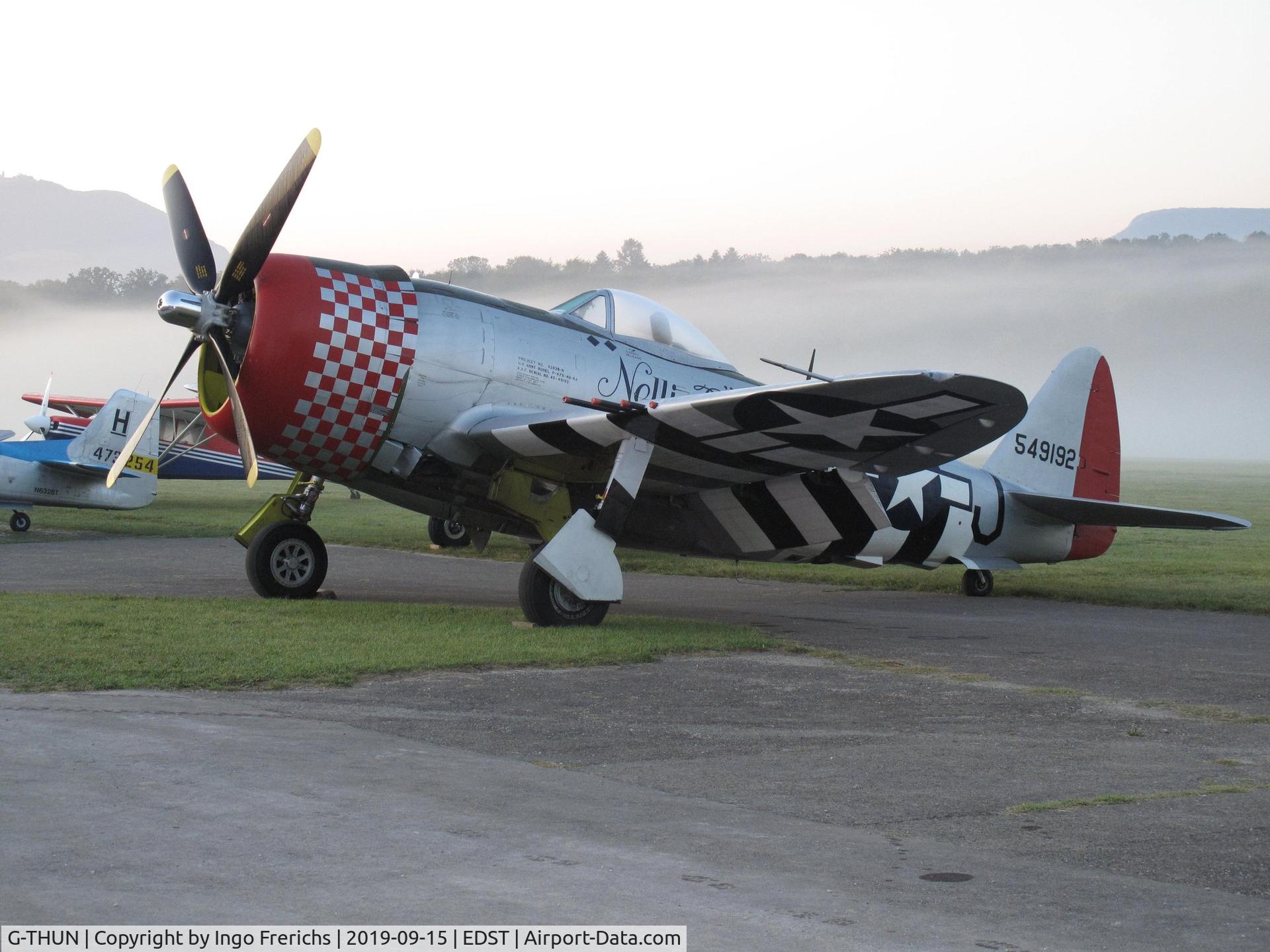 G-THUN, 1945 Republic P-47D Thunderbolt C/N 399-55731, Nellie B in the morning fog at OTT 2019 at Hahnweide airfield (EDST)