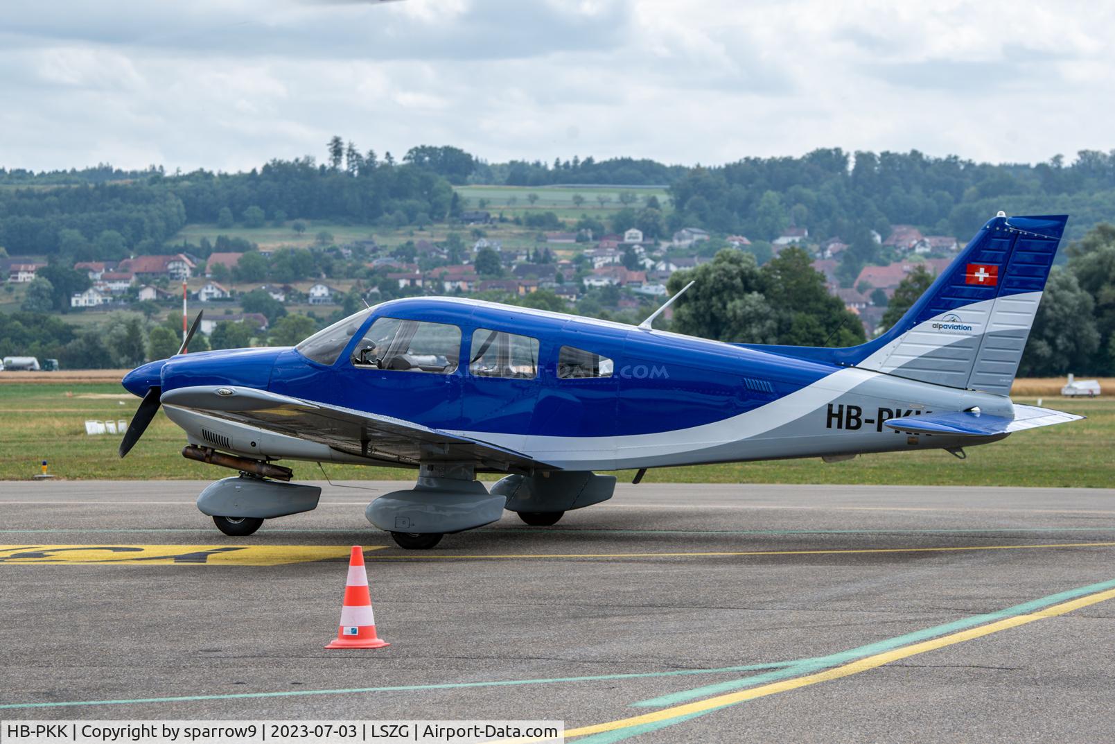 HB-PKK, 1987 Piper PA-28-181 Archer II C/N 28-8690012, New paint-scheme. Parked at Grenchen. HB-registered since 1987-06-18.