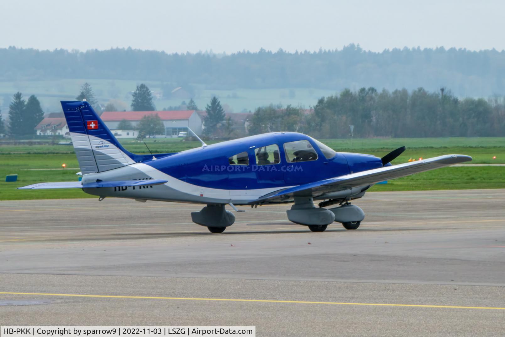HB-PKK, 1987 Piper PA-28-181 Archer II C/N 28-8690012, New paint-scheme. Parked at Grenchen. HB-registered since 1987-06-18.
