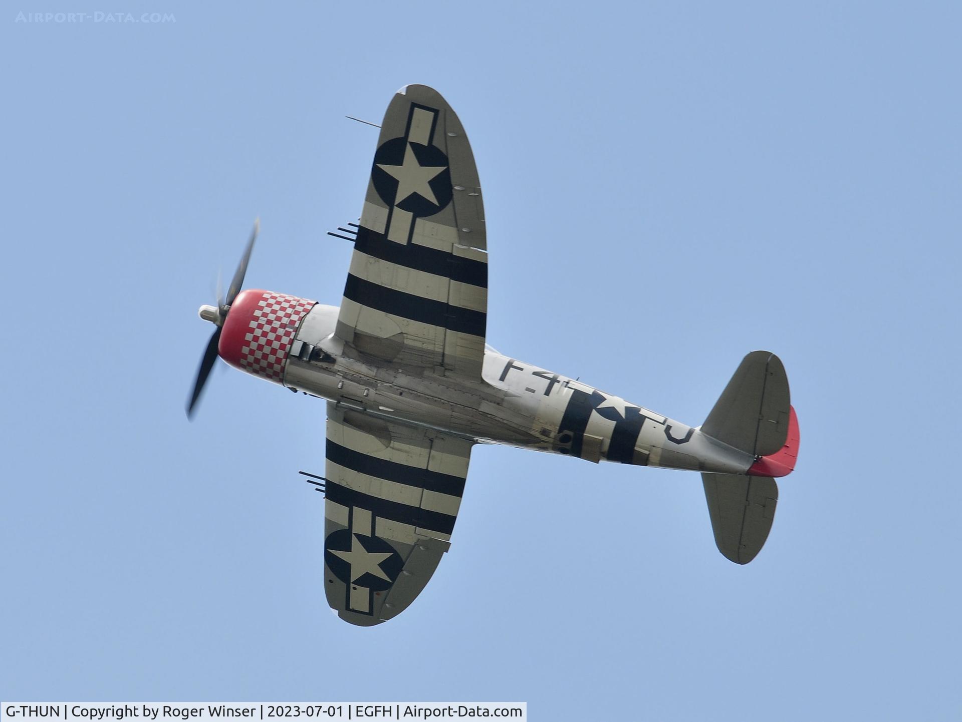 G-THUN, 1945 Republic P-47D Thunderbolt C/N 399-55731, Visiting Thunderbolt run a break over Runway 22.