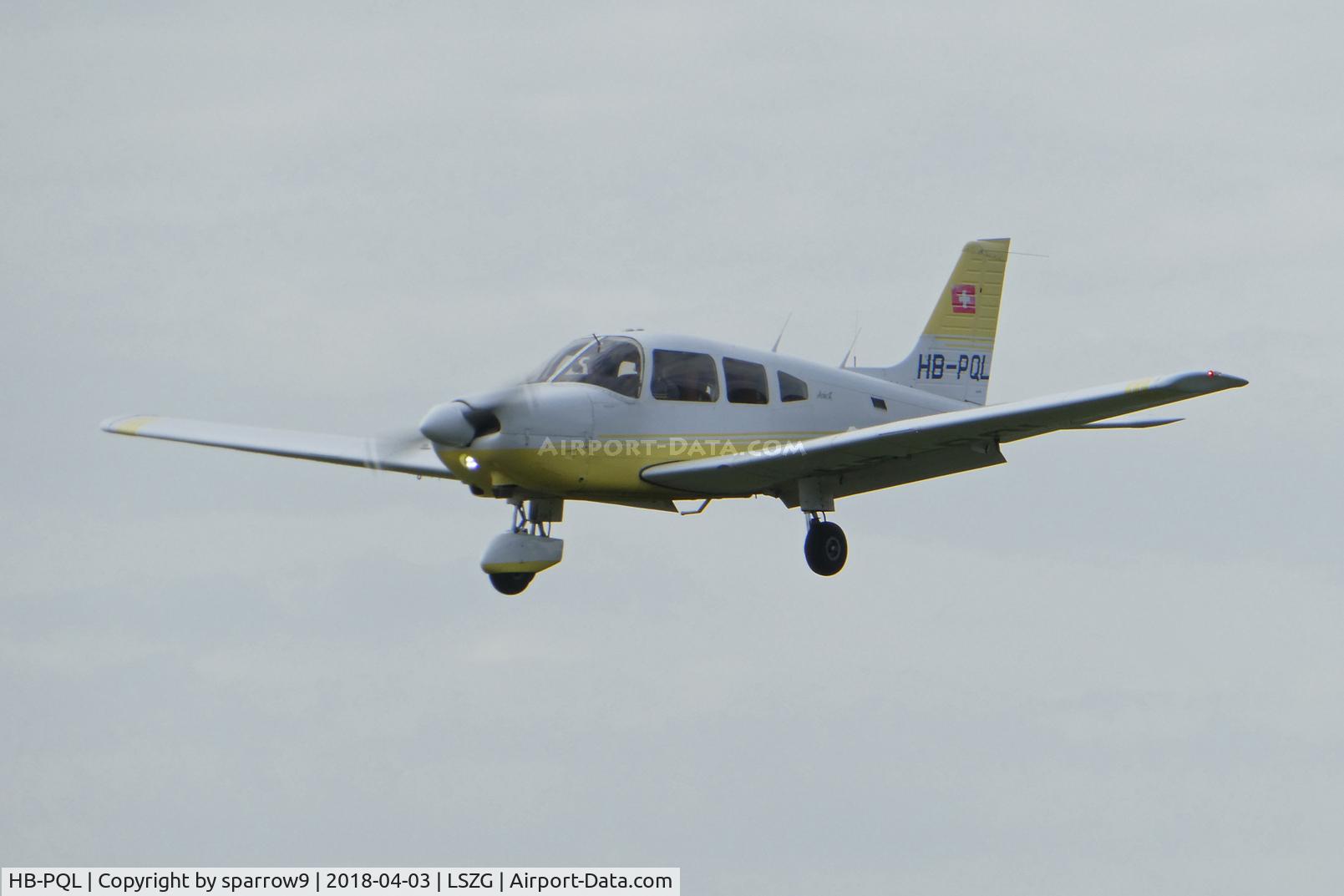 HB-PQL, 1989 Piper PA-28-181 Archer II C/N 2890121, Landing at Grenchen. HB-registered since 2001-09-06.