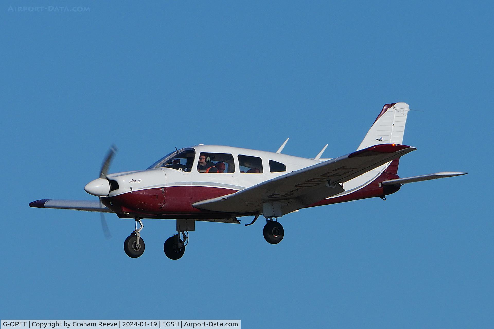 G-OPET, 1975 Piper PA-28-181 Cherokee Archer II C/N 28-7690067, Landing at Norwich.