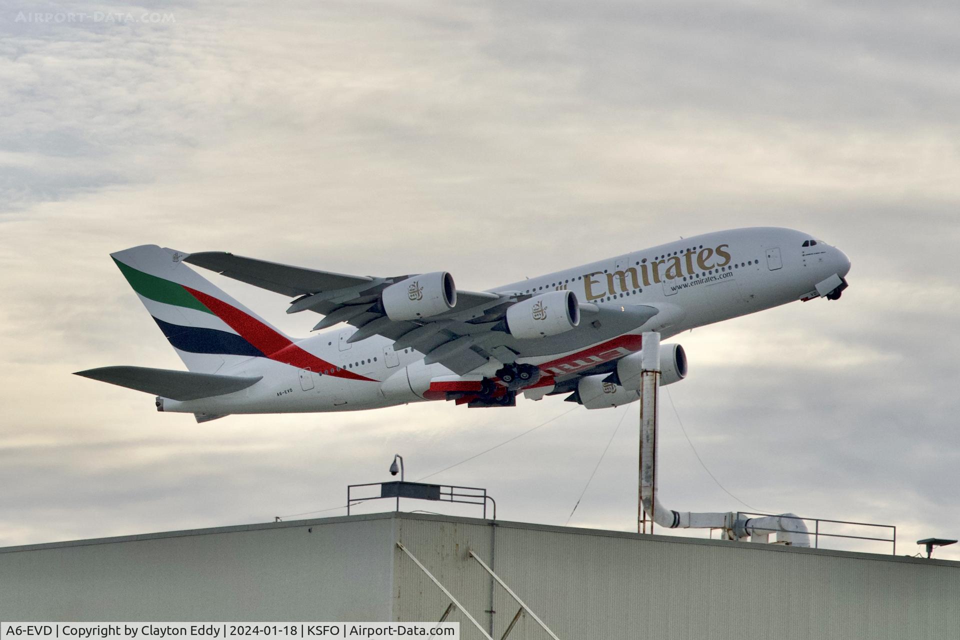 A6-EVD, 2017 Airbus A380-842 C/N 249, SFO 2024.