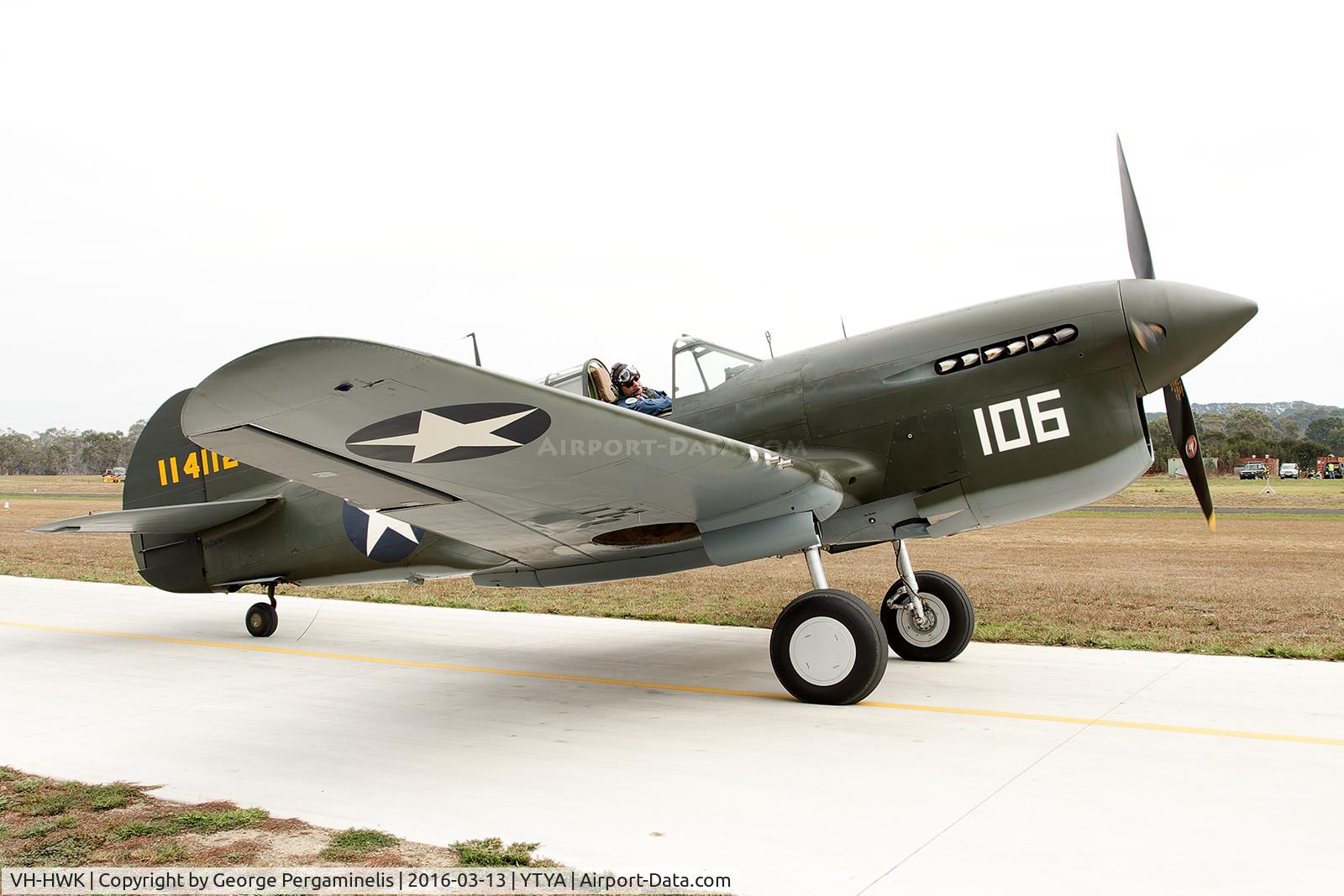 VH-HWK, 1941 Curtiss P-40F Warhawk C/N 41-14112, A rare Merlin-powered Kittyhawk.Tyabb 2016 airshow.