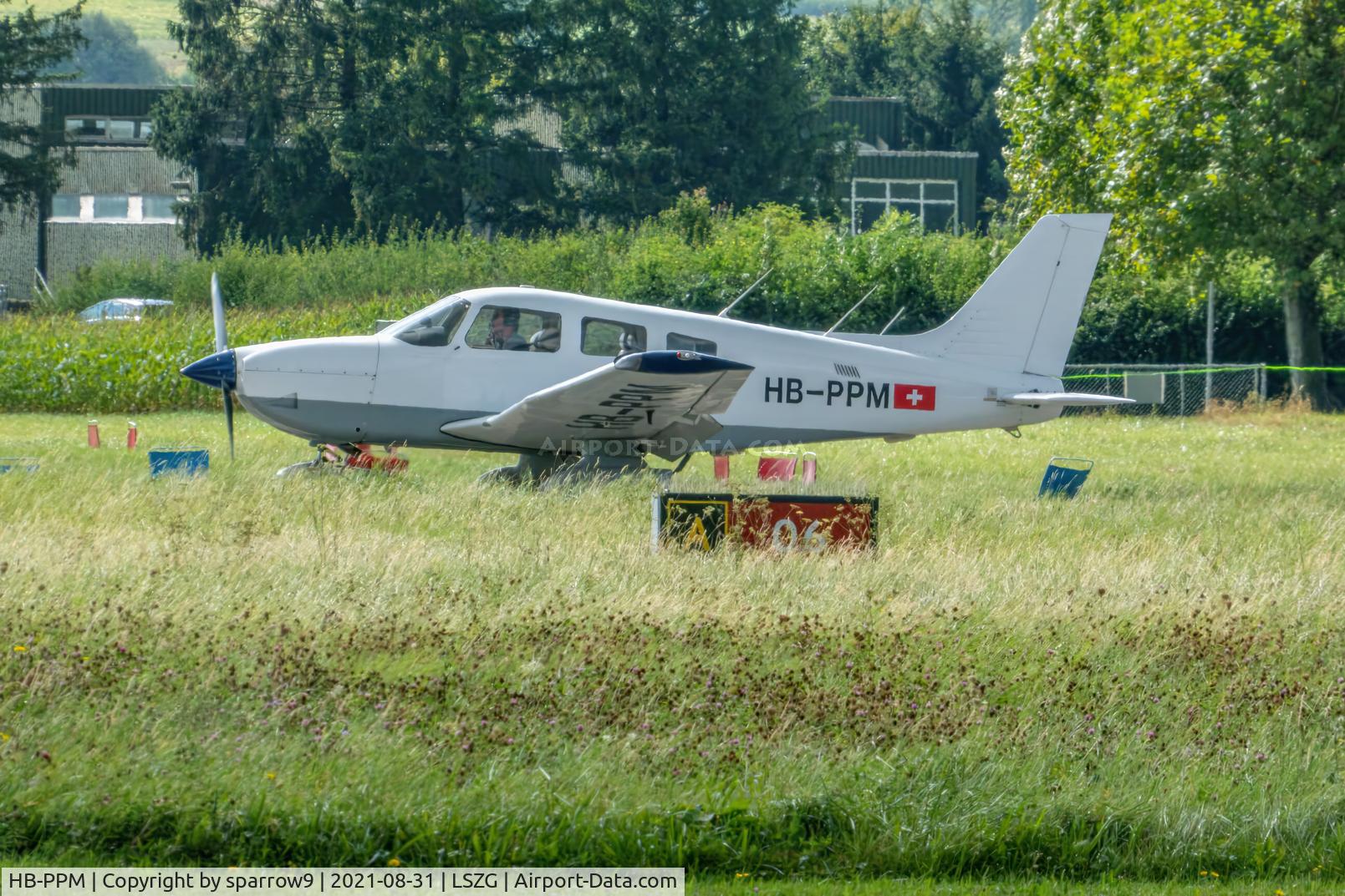 HB-PPM, 1997 Piper PA-28-181 Archer III C/N 2843095, At Grenchen. Full power. New paint-scheme. HB-registered since 1997-07-30