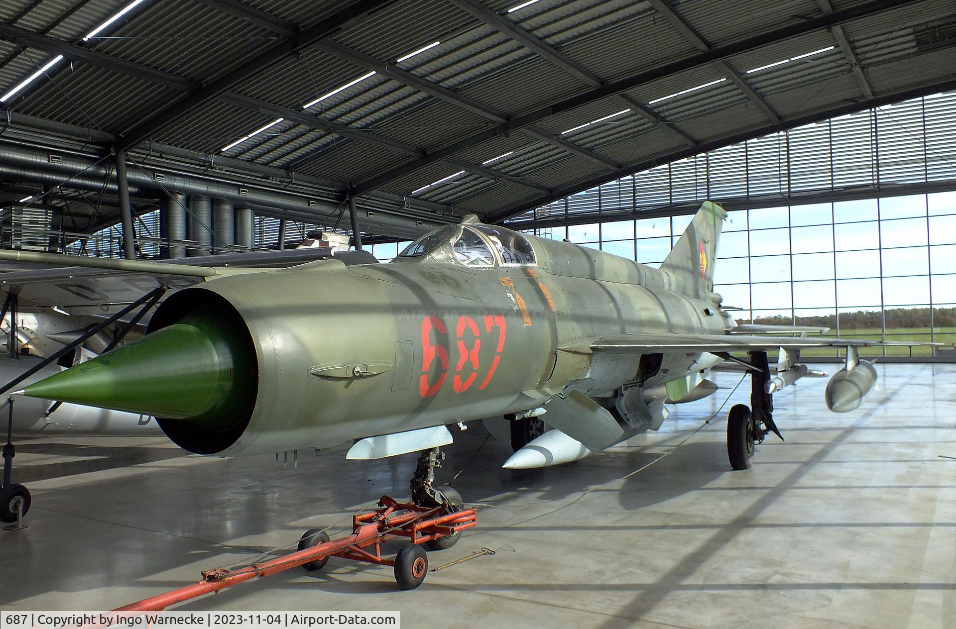 687, Mikoyan-Gurevich MiG-21MF C/N 6215, Mikoyan i Gurevich MiG-21MF FISHBED-J at the Flugwerft Schleißheim of Deutsches Museum, Oberschleißheim