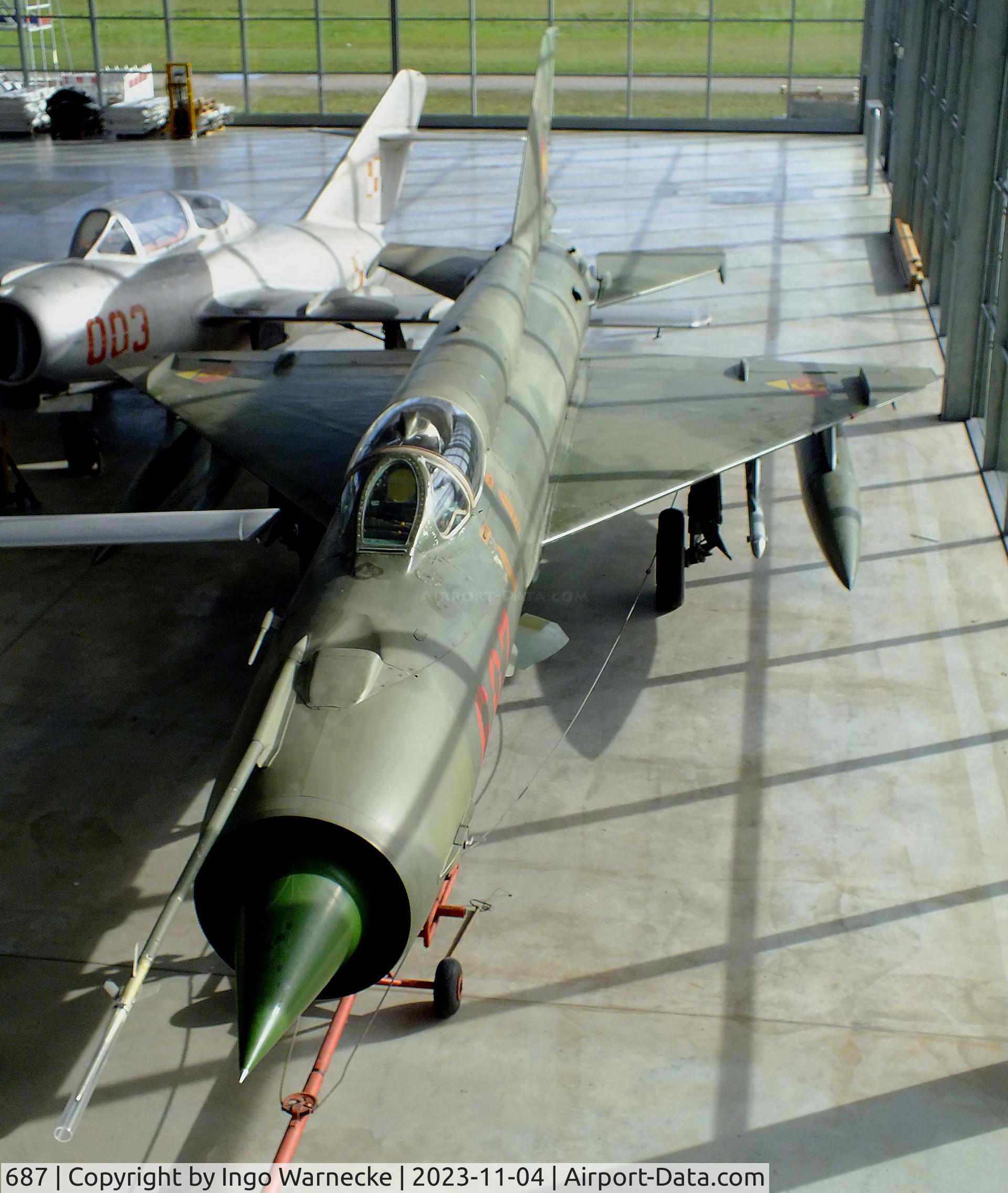 687, Mikoyan-Gurevich MiG-21MF C/N 6215, Mikoyan i Gurevich MiG-21MF FISHBED-J at the Flugwerft Schleißheim of Deutsches Museum, Oberschleißheim