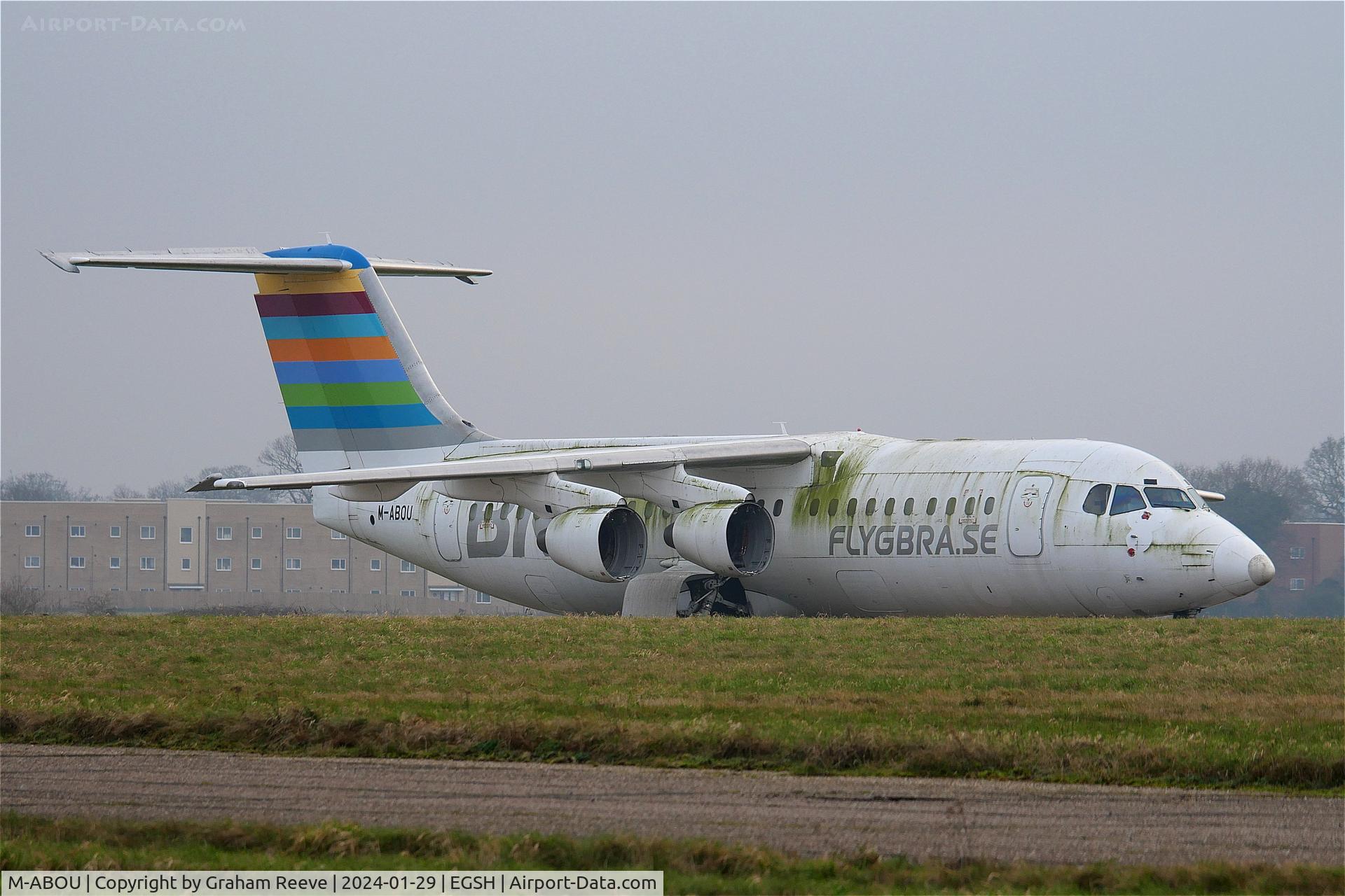 M-ABOU, 1994 British Aerospace Avro 146-RJ100 C/N E3248, Looking the worse for wear at Norwich.