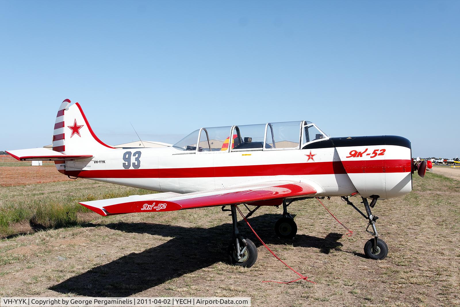 VH-YYK, 1986 Yakovlev Yak-52 C/N 855808, Antique Aeroplane Assn of Australia National Fly-in.