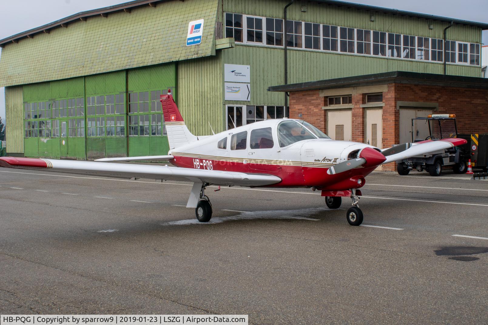 HB-PQG, 1977 Piper PA-28R-201T Cherokee Arrow III C/N 28R-7803047, At Grenchen. HB-registered since 2003-06-25.