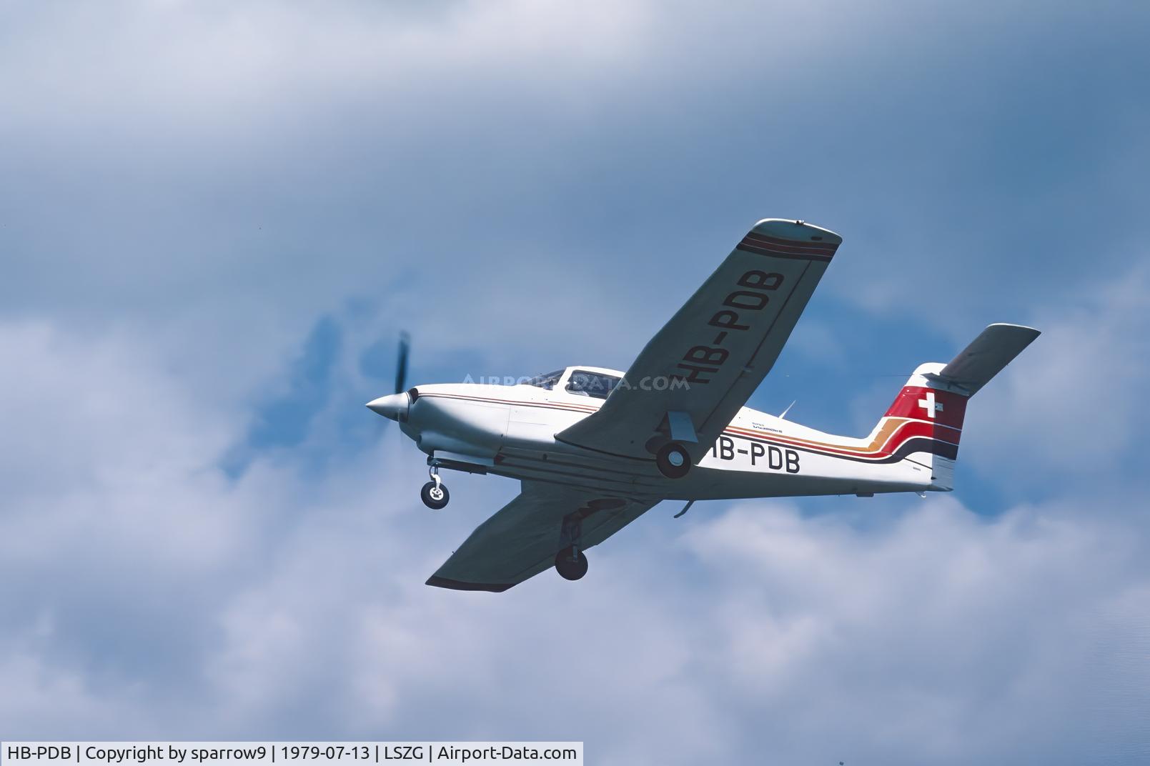HB-PDB, 1979 Piper PA-28RT-201T Turbo Arrow IV C/N 28R-7931029, Landing at Grenchen. HB-registered from 1979-03-07 until 1999-06-15. Scanned from a slide.