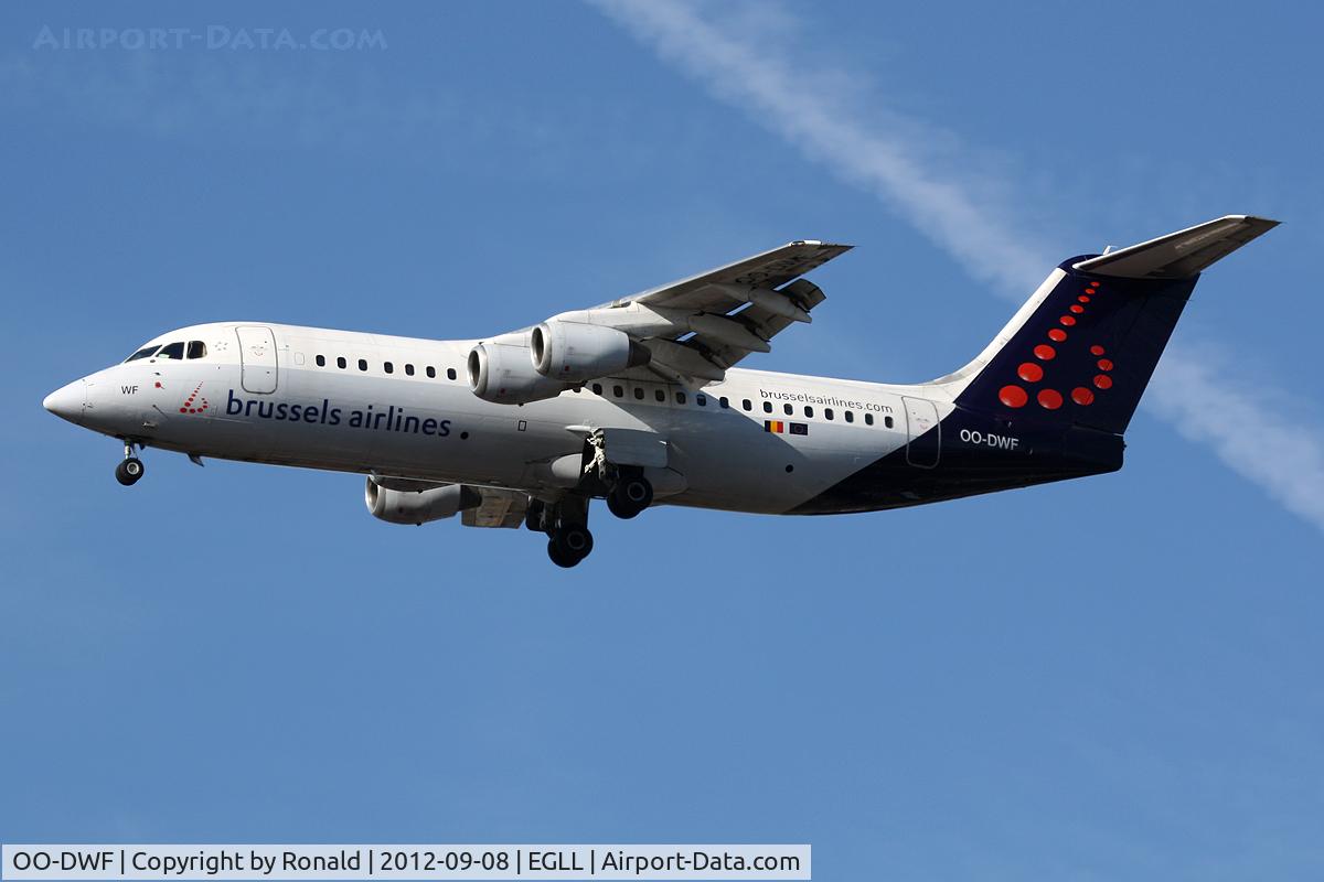 OO-DWF, 1998 British Aerospace Avro 146-RJ100 C/N E3332, at lhr