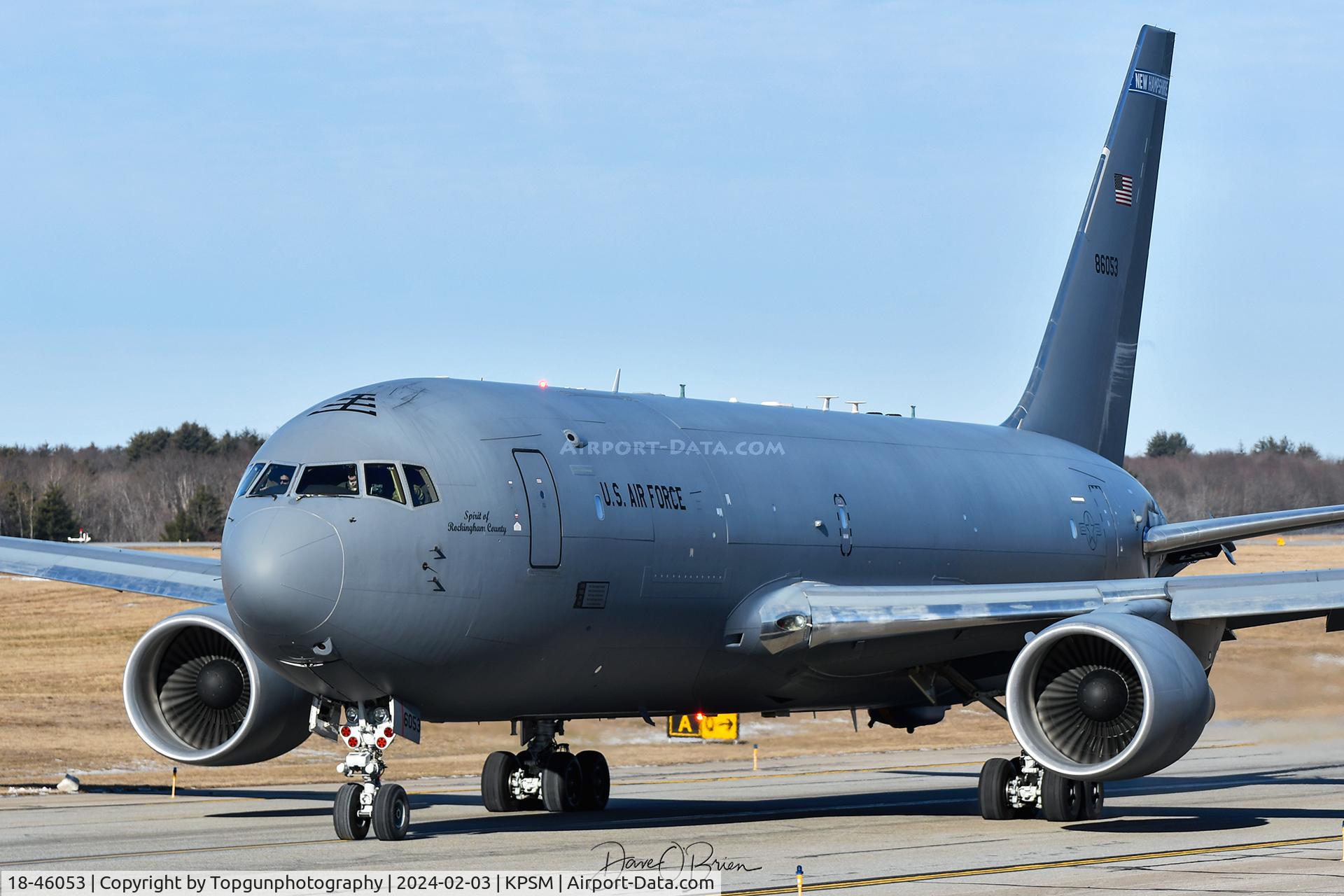 18-46053, 2020 Boeing KC-46A Pegasus C/N 41873, PACK61 getting ready to depart from RW34. Shortly after takeoff they couldn't bring up the nose gear and realized they only pulled 5/6 pins... had to burn off fuel for an hour to get light enough to land