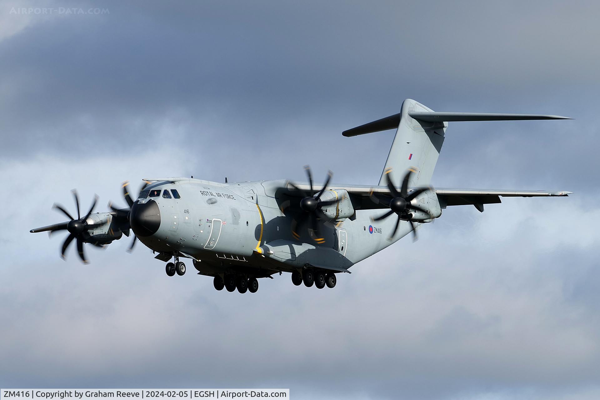 ZM416, 2017 Airbus A400M Atlas C.1 C/N 058, On approach to Norwich.