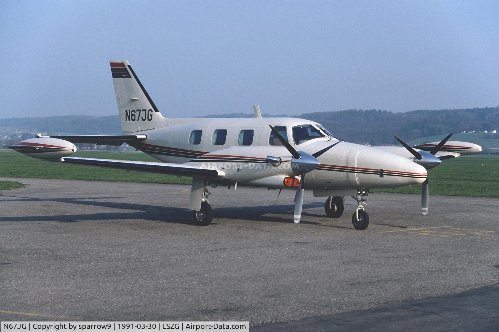 N67JG, 1982 Piper PA-31T-620 Cheyenne II C/N 31T-8120052, A regular guest at Grenchen since many years. Scanned from a slide.